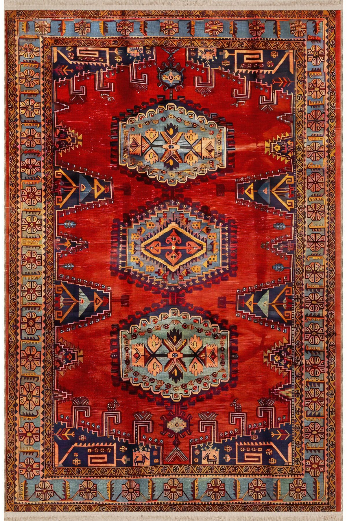 Turuncu Temalı Çok Renkli Geleneksel Motif Etnik Desenli Vintage Dekoratif Halı 2411