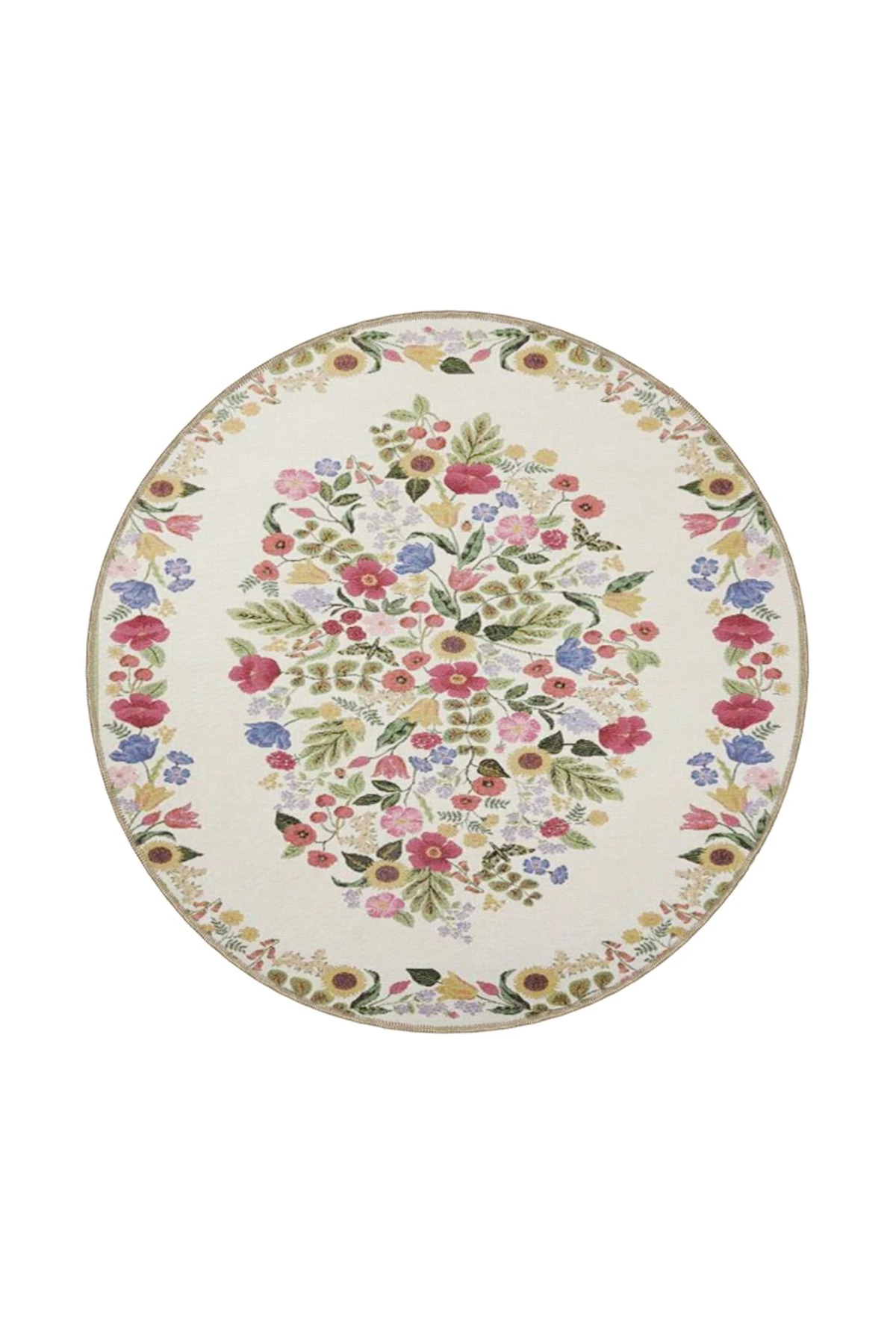 Çiçekli Floral Kremli Geometrik Çizgili Desenli Dekoratif Yıkanabilir Halı miravip8412