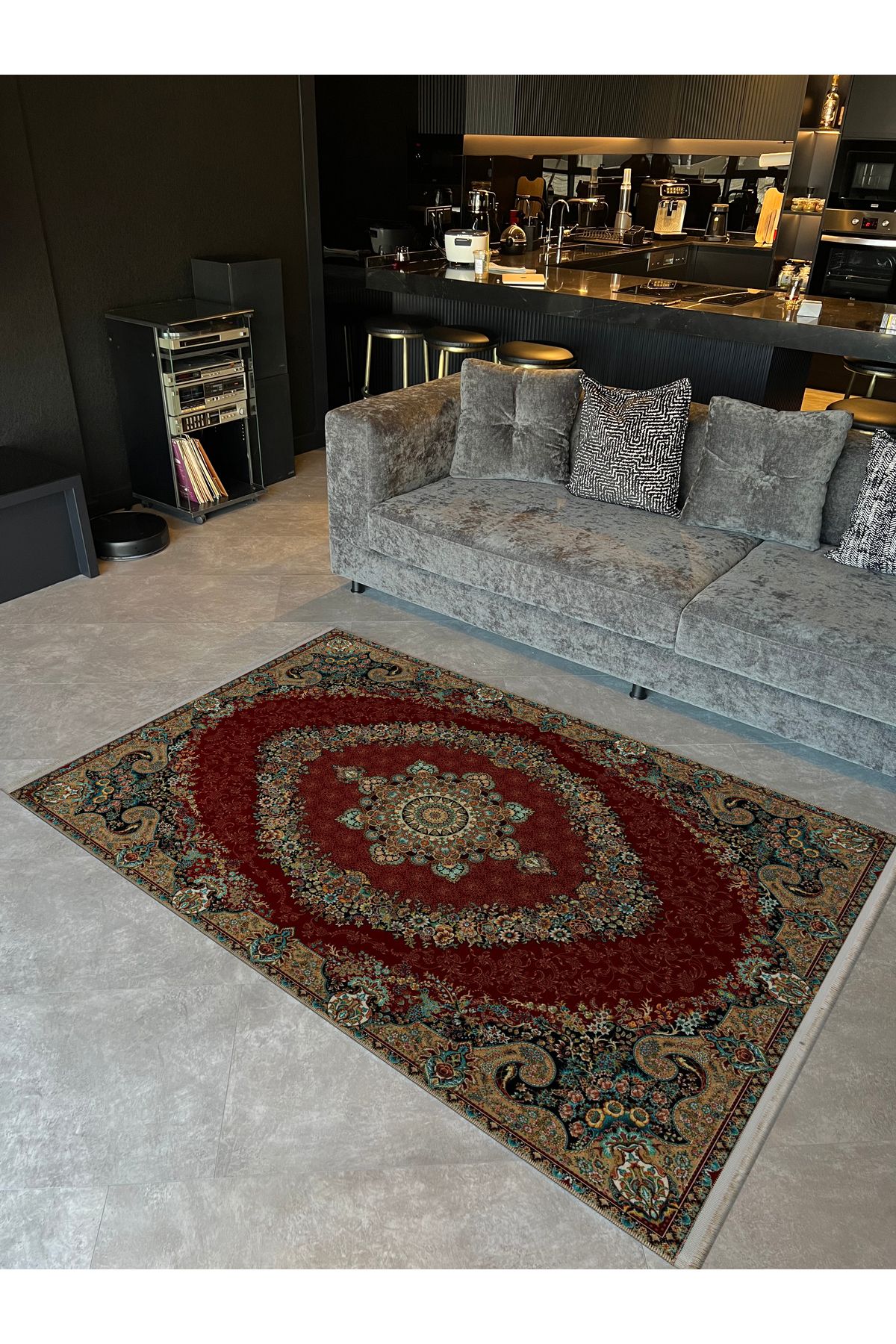 Çok Renkli Desenli Bordo Etnik Serisi Modern Dekoratif Halı etnik31