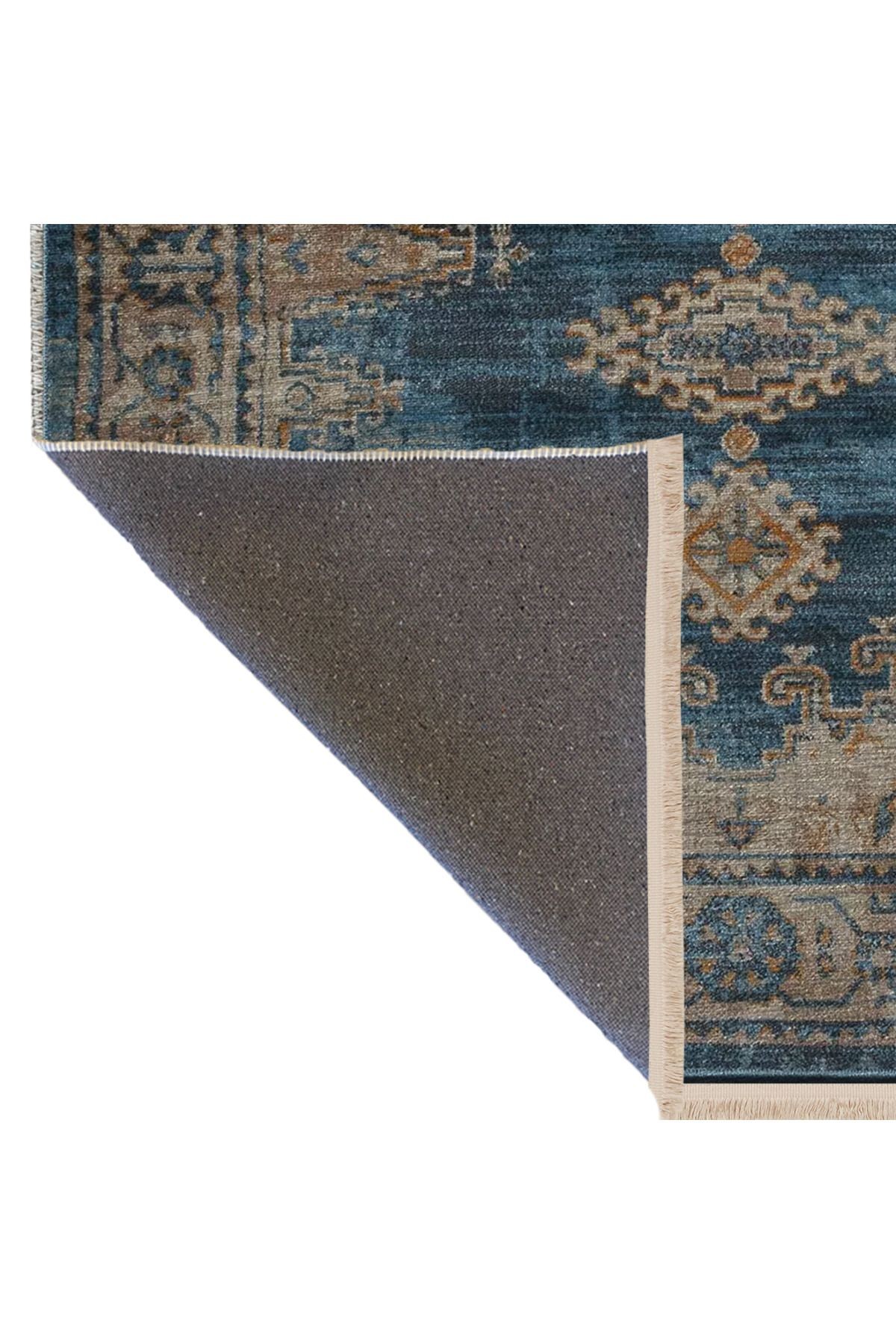 Mavi Sarı Temalı Geleneksel Motif Desenli Kreatif Vintage Dekoratif Halı 2844