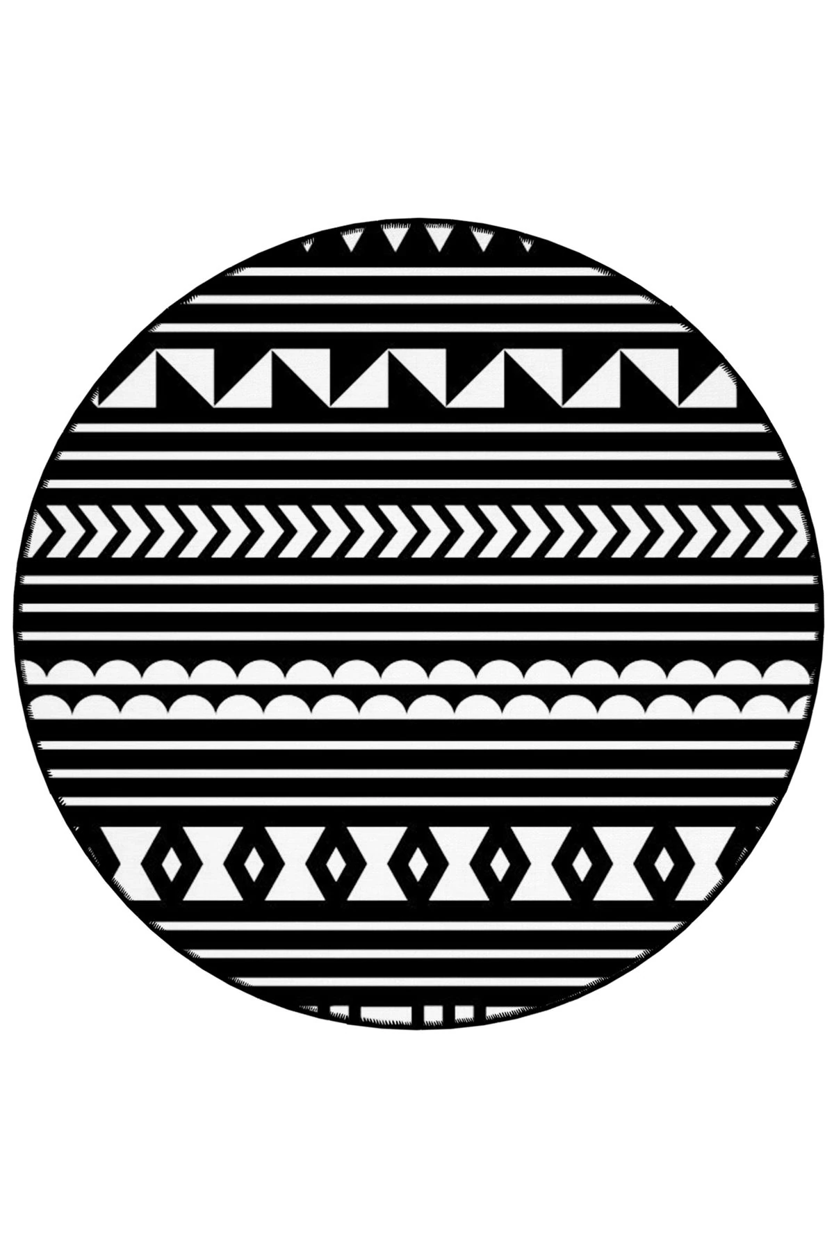 Mira Yuvarlak Siyah Beyaz Şekiller Detaylı Dokuma Taban Modern Dekoratif Halı 5623