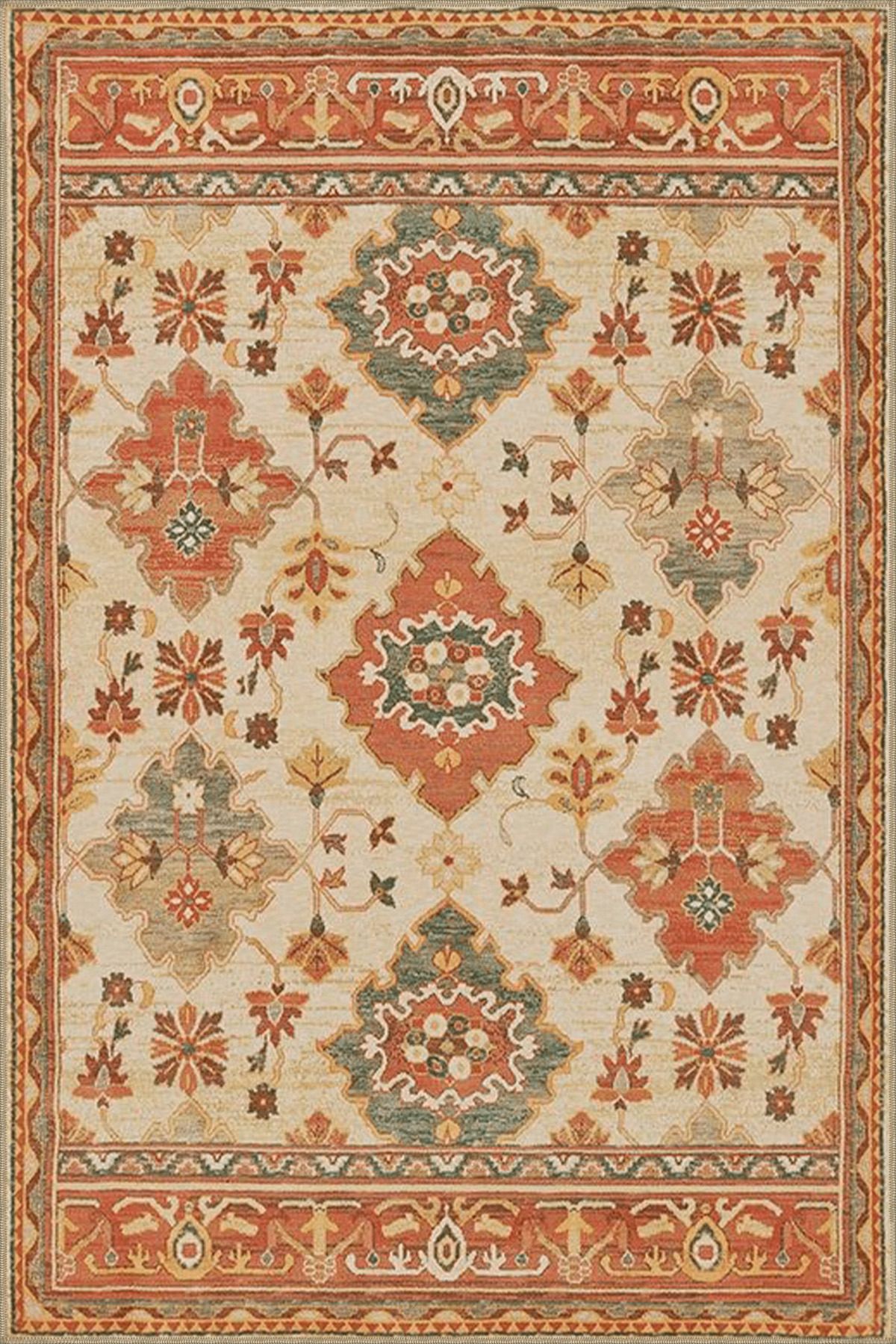 Turuncu Temalı Motifli Etnik Çiçek Desenli Vintage Dekoratif Halı 3891