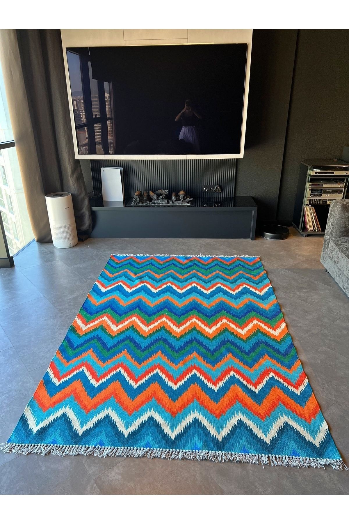 Cotton Zigzag Desenli Çok Renkli Kilim 542
