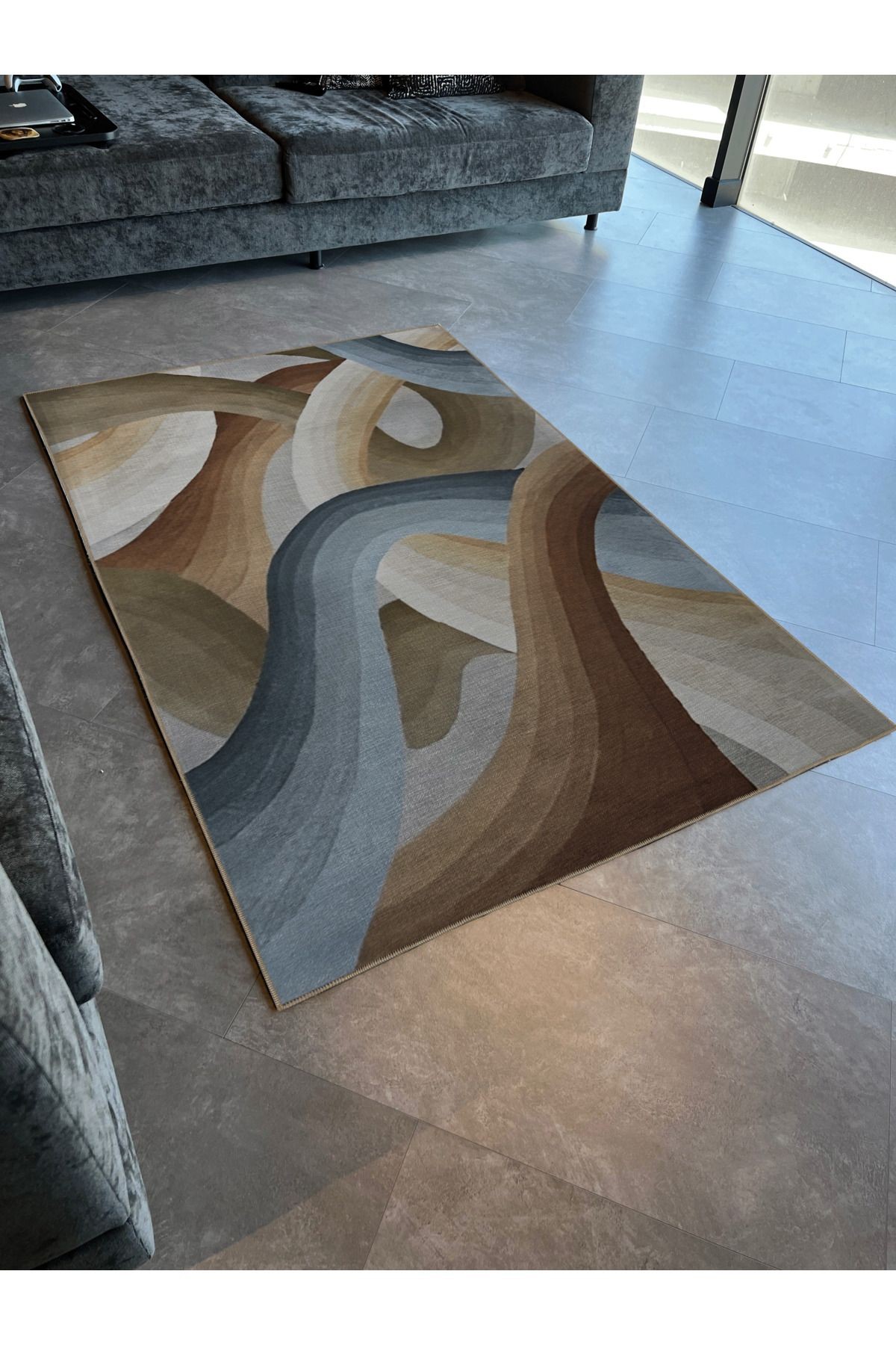 Mavi Kahve Temalı Sarmaşık Şerit Spiral Şekil Desenli Kreatif Modern Dekoratif Halı 2304