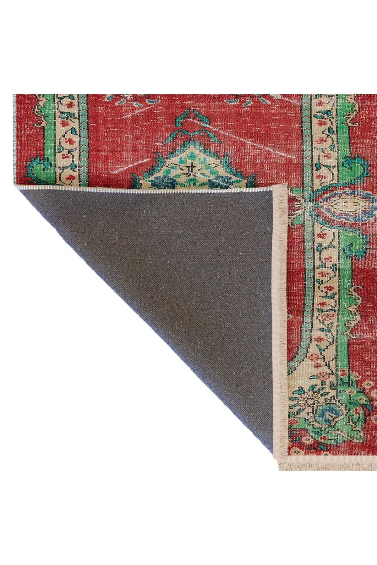 Memlük Koleksiyonu Kırmızı Yeşil Temalı Etnik Vintage Desenli Dokuma Taban Dekoratif Halı memlük09