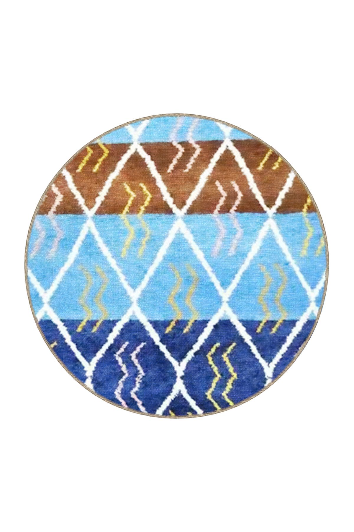 Mavi Kahverengi Temalı Geometrik Desenli Modern Dekoratif Halı 3518