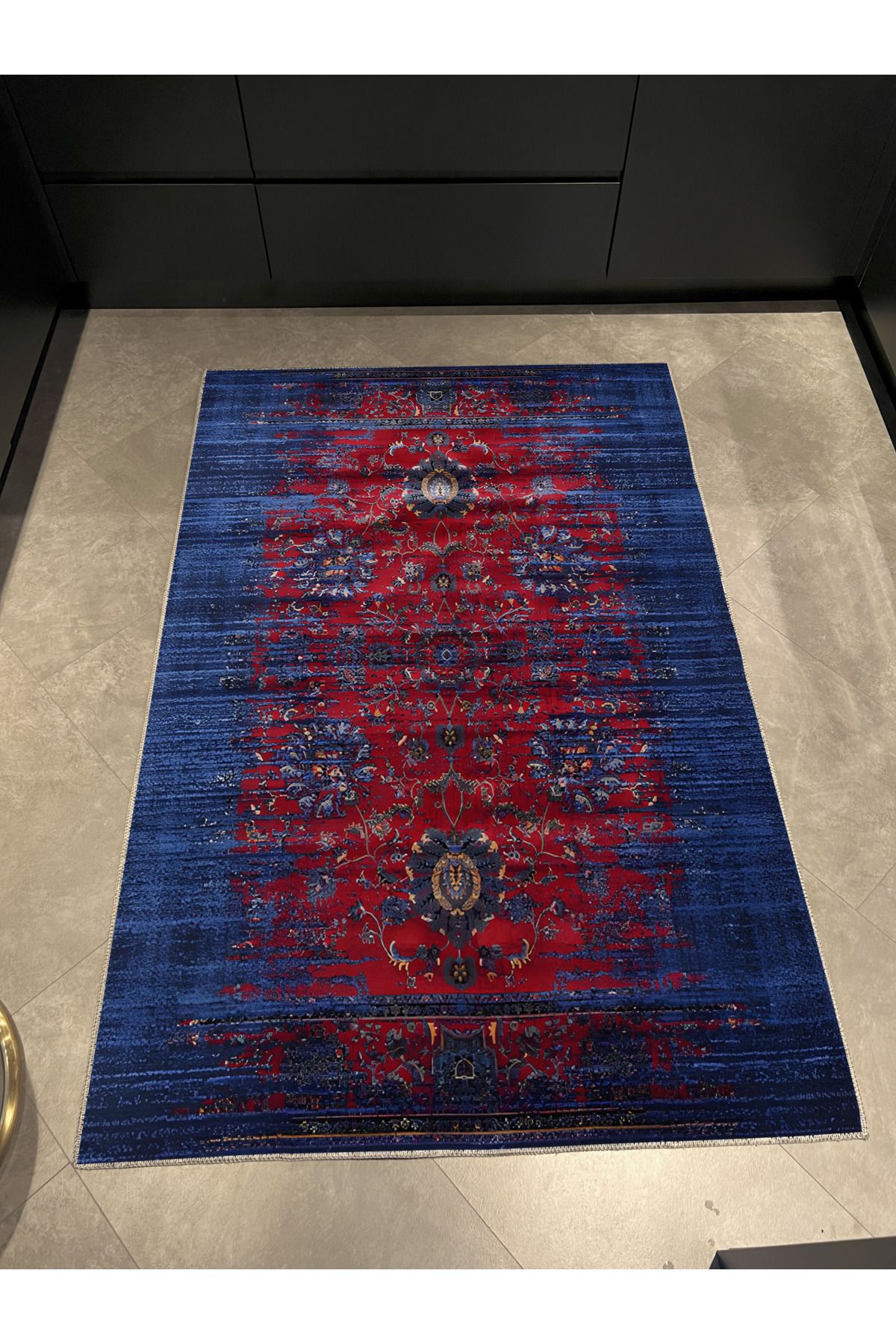 Mavi Bordo Temalı Geleneksel Motif Desenli Vintage Dekoratif Halı 1678