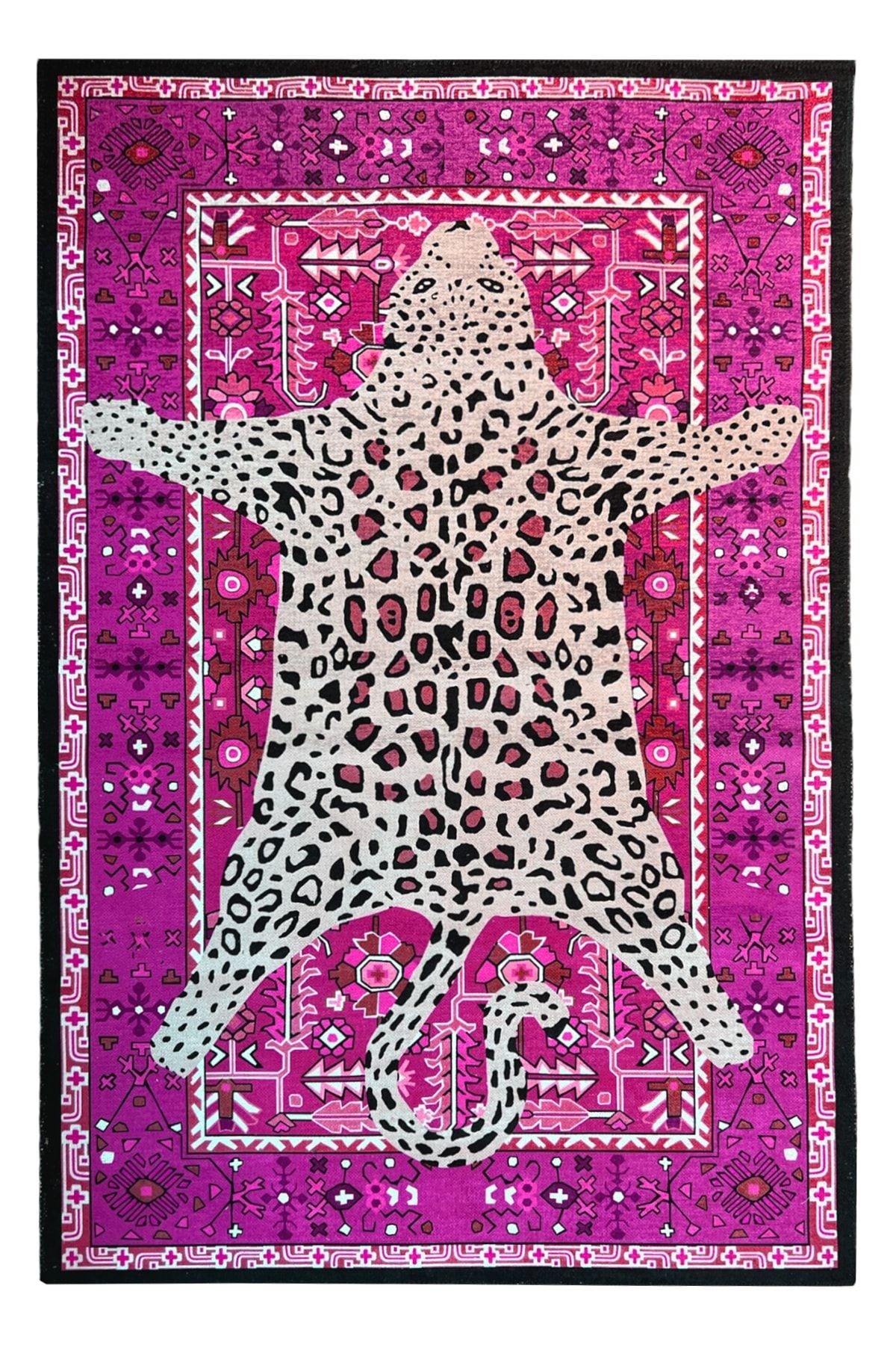 Leopar Fuşya Çok Renkli Vintage Tema Dokuma Taban Halı Mira 1305