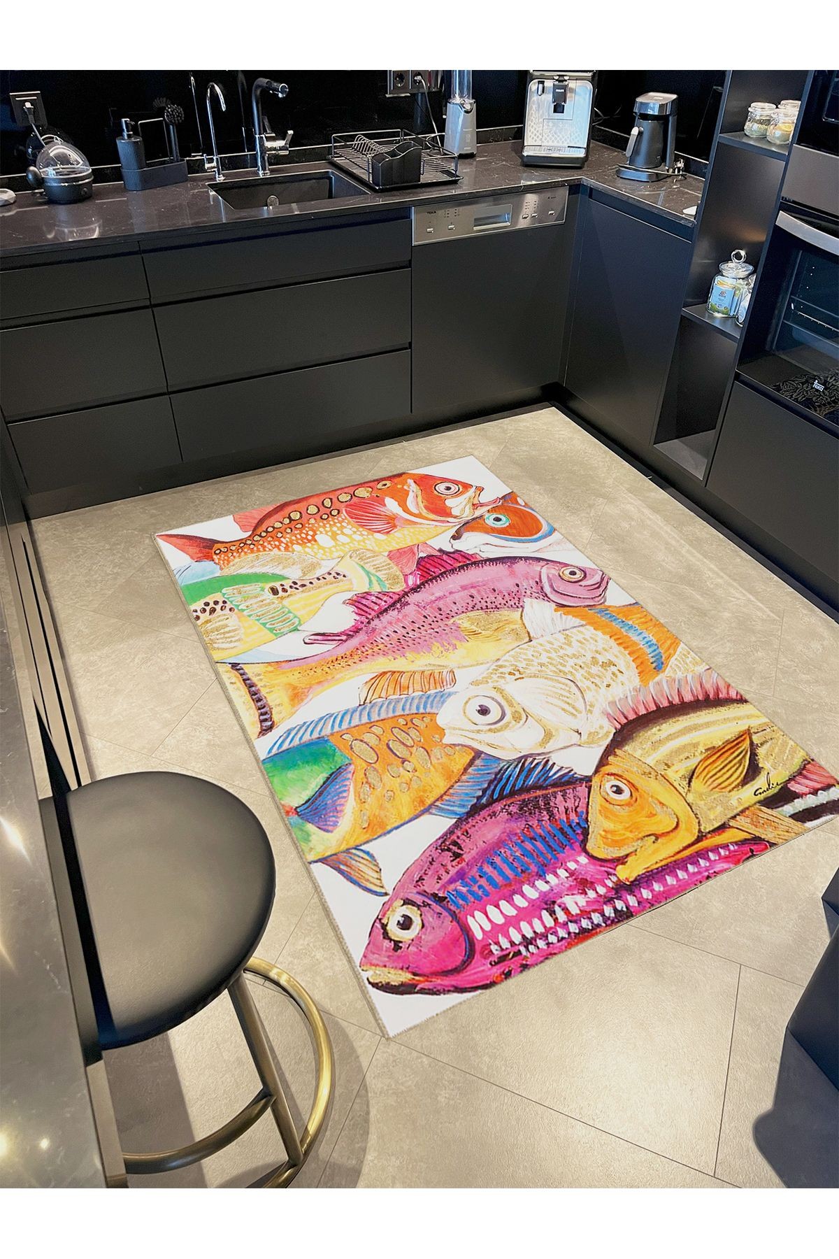 Seda Koleksiyonu Çok Renkli Balıklar Desenli Dokuma Taban Modern Dekoratif Halı seda38