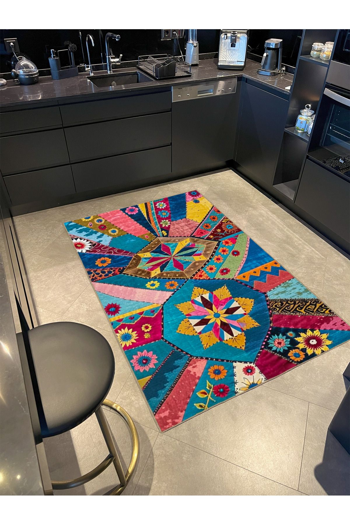 Paris Koleksiyonu Çok Renkli Geometrik Motifler ve Çiçek Desenli Vintage Dekoratif Halı 44