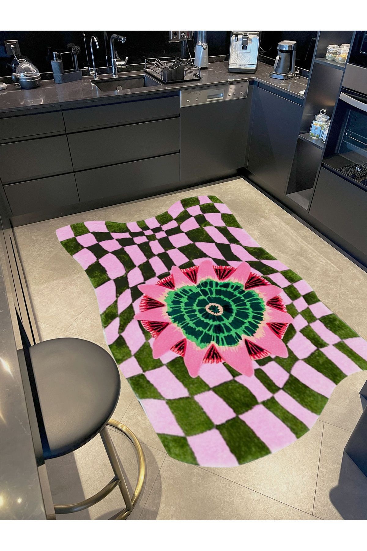 Rio Koleksiyonu Asimetrik Pembe Yeşil Dokuma Taban Modern Dekoratif Halı rio15