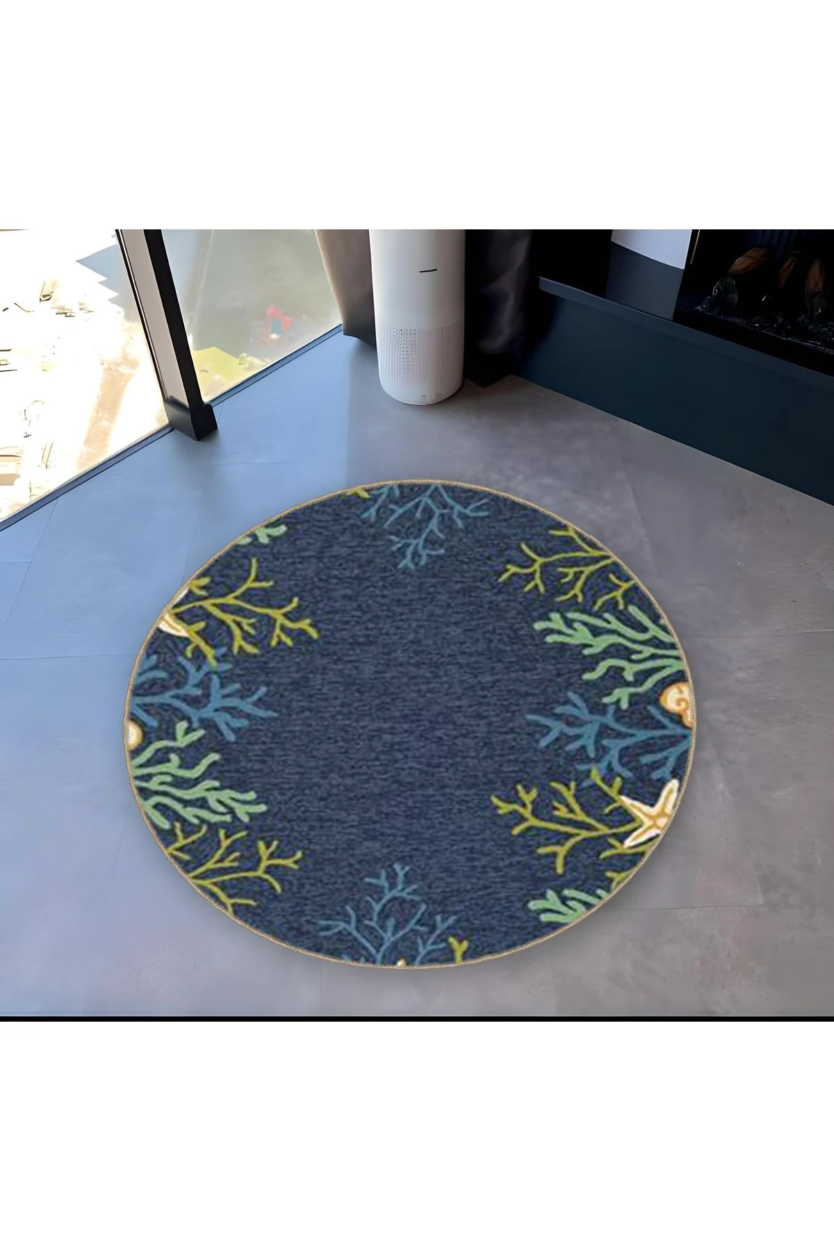 Mira Yuvarlak Mavi Yeşil Mercan Detaylı Dokuma Taban Modern Dekoratif Halı 5560