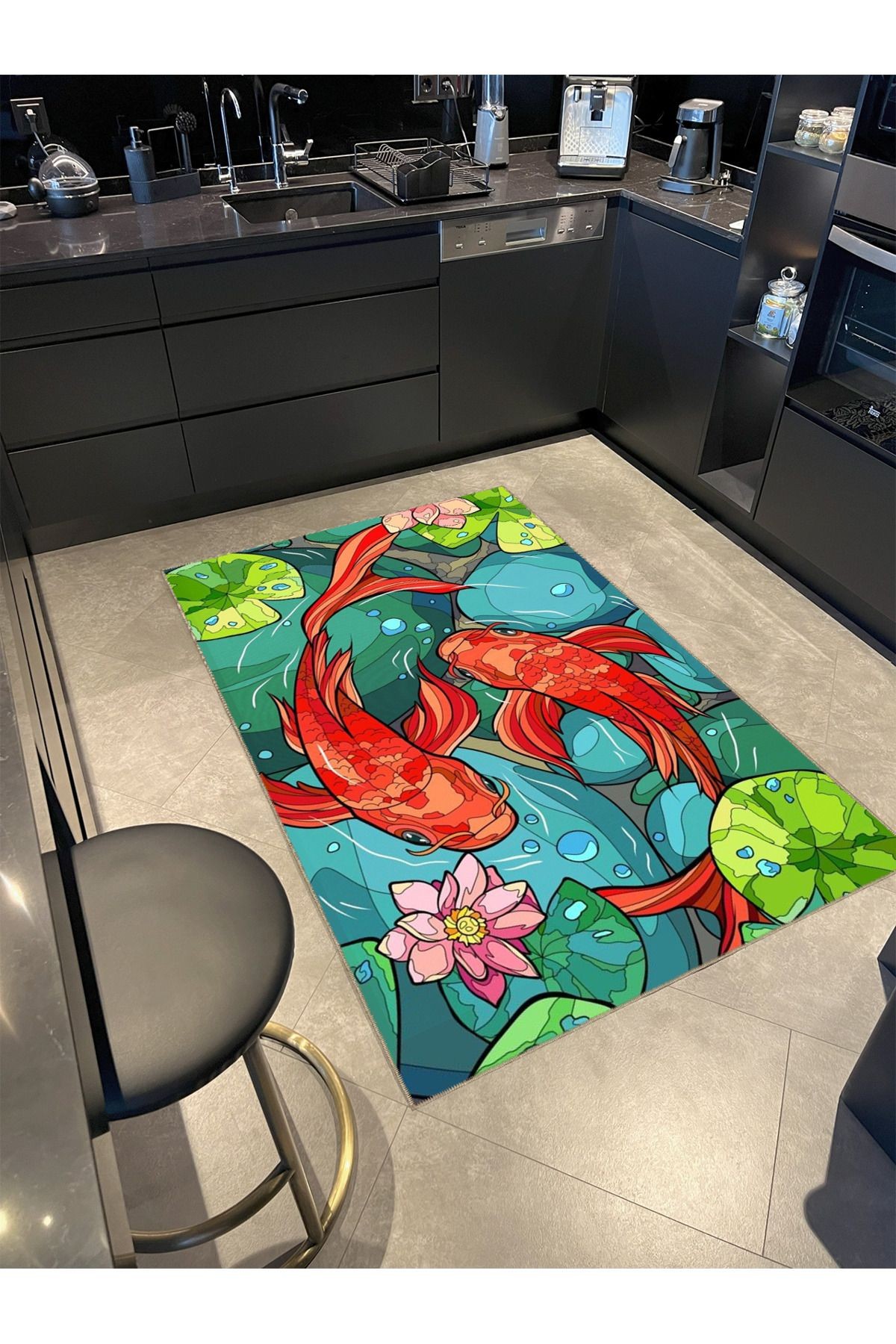 Çok Renkli Kaya ve Koi Balığı Desenli Kreatif Modern Dekoratif Halı 5079
