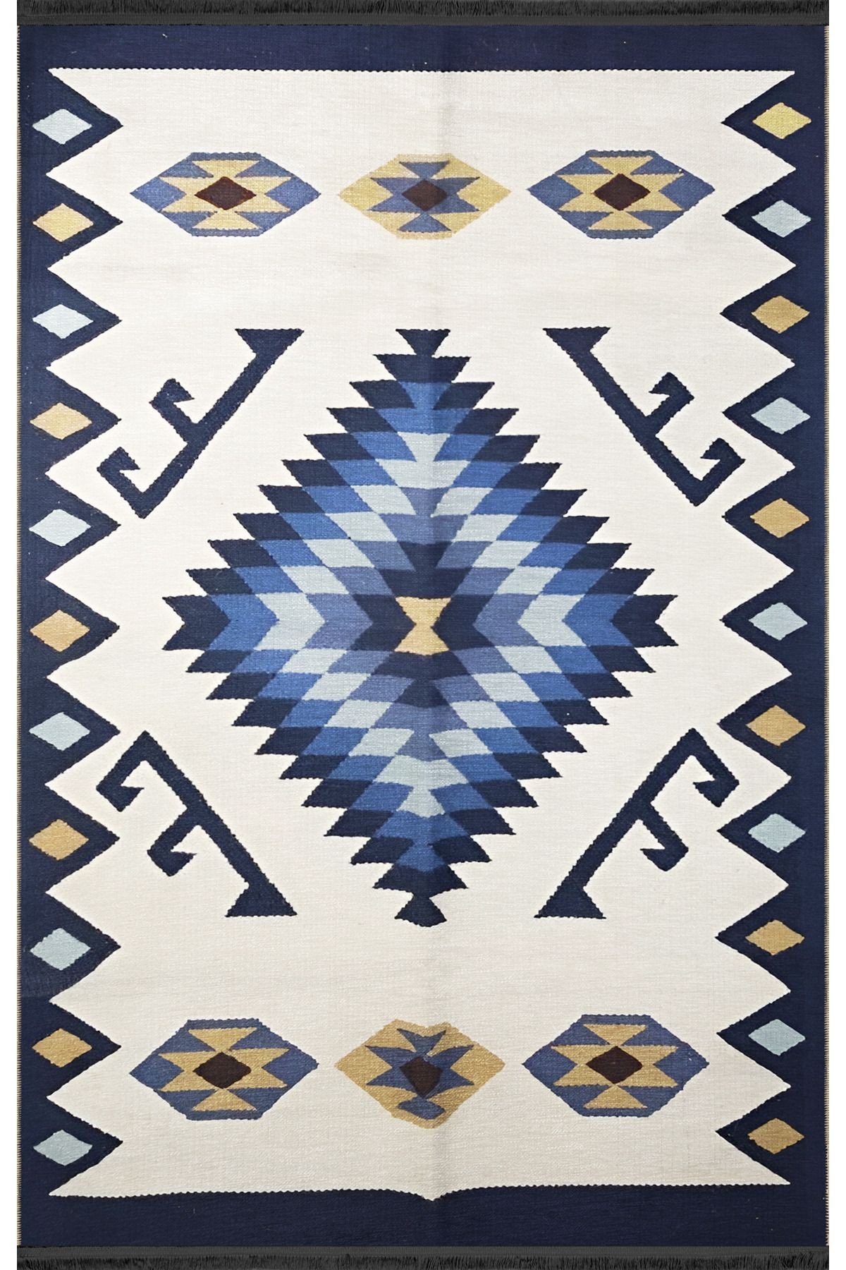 Mavi Bej Temalı Geleneksel Motif Desenli Vintage Dekoratif Halı 1933