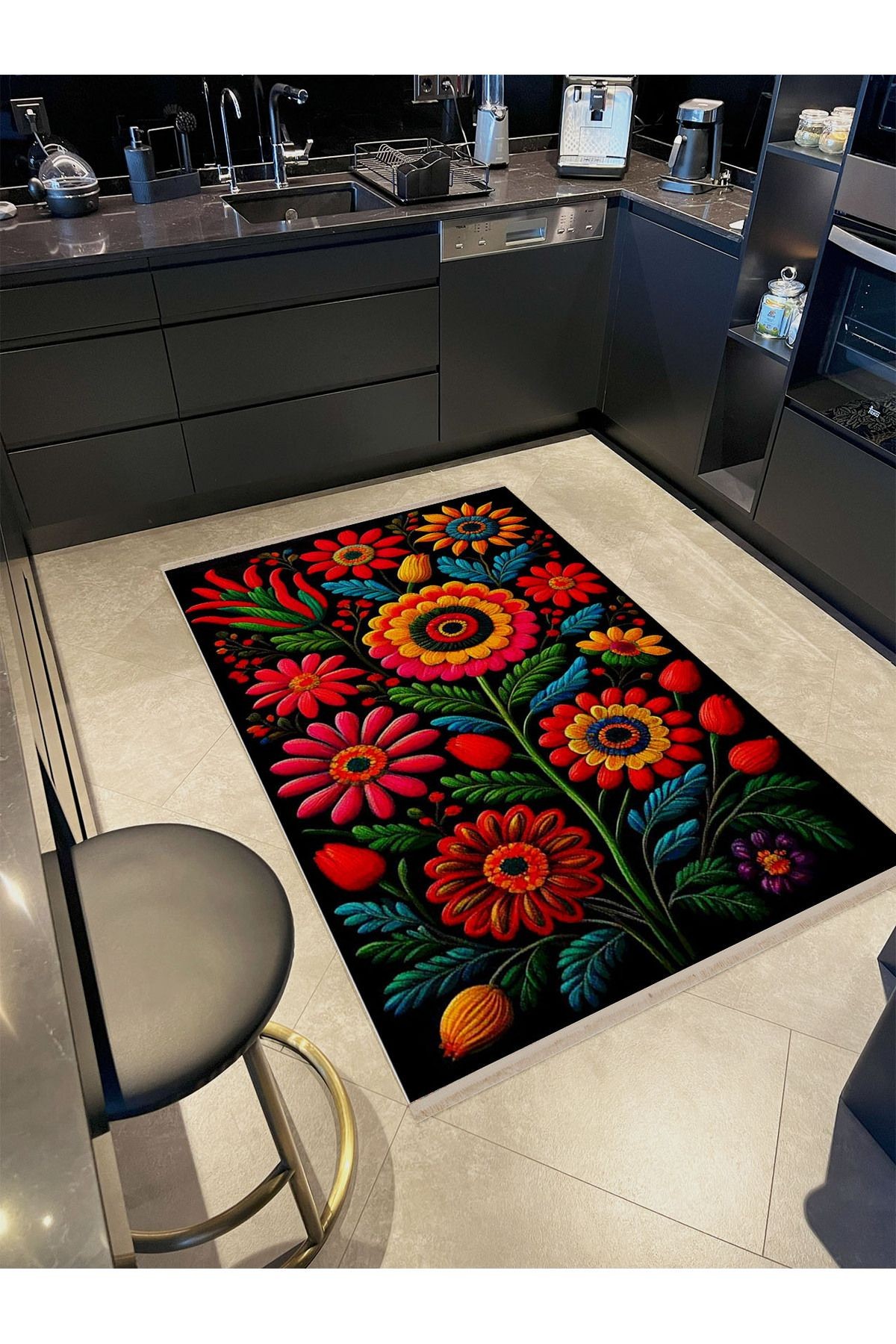 Kemal Koleksiyonu Çok Renkli Floral Çiçek Figürleri Desenli Dokuma Taban Modern Dekoratif Halı 11