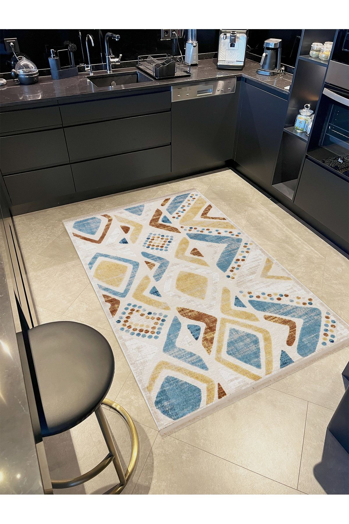 Asena Koleksiyonu Sarı Mavi Temalı Karma Geometrik Şekiller Desenli Modern Dekoratif Halı 29