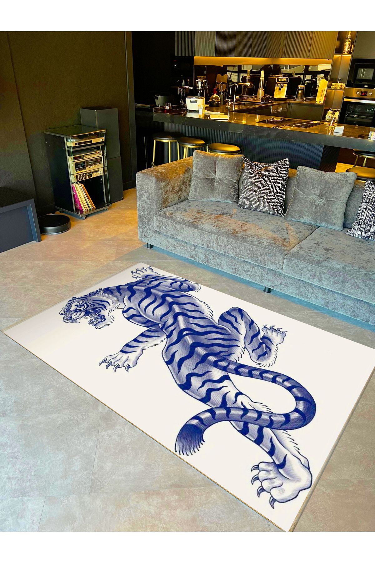 Leyla Koleksiyonu Beyaz Zemin Üzerine Koyu Lacivert Vahşi Kaplan Dokuma Taban Dekoratif Halı leyla40