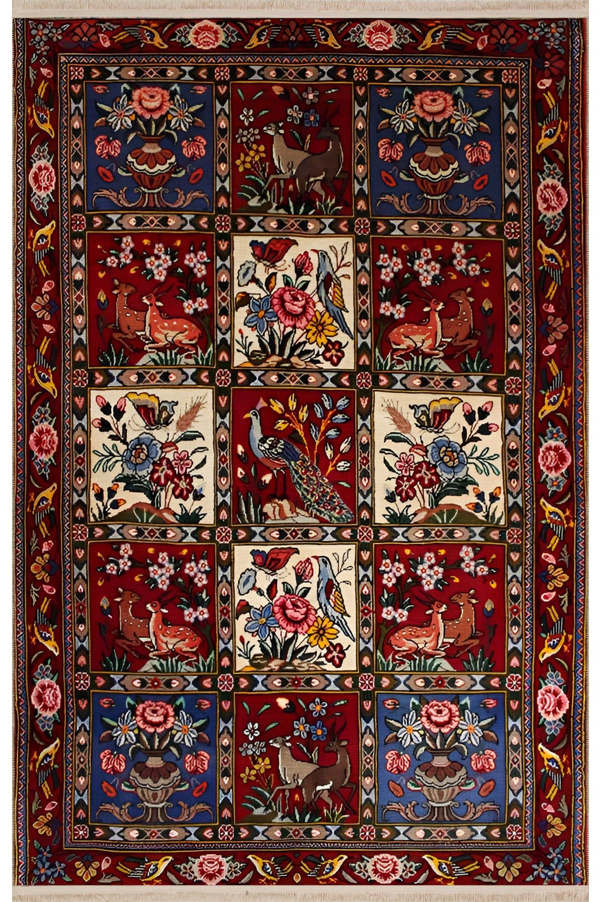 Bordo Temalı Çok Renkli Kare Bölme Geleneksel Çiçek Motif Desenli Vintage Dekoratif Halı 1947