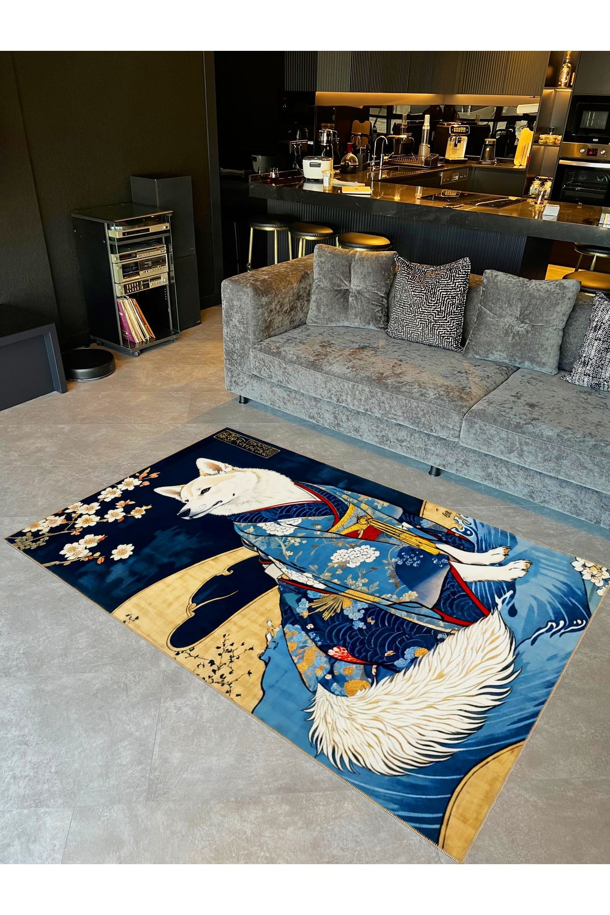 Tuğrul Koleksiyonu Soyut Tema Kimono Giyen Akita Köpek Desenli Dokuma Taban Modern Dekoratif Halı 39