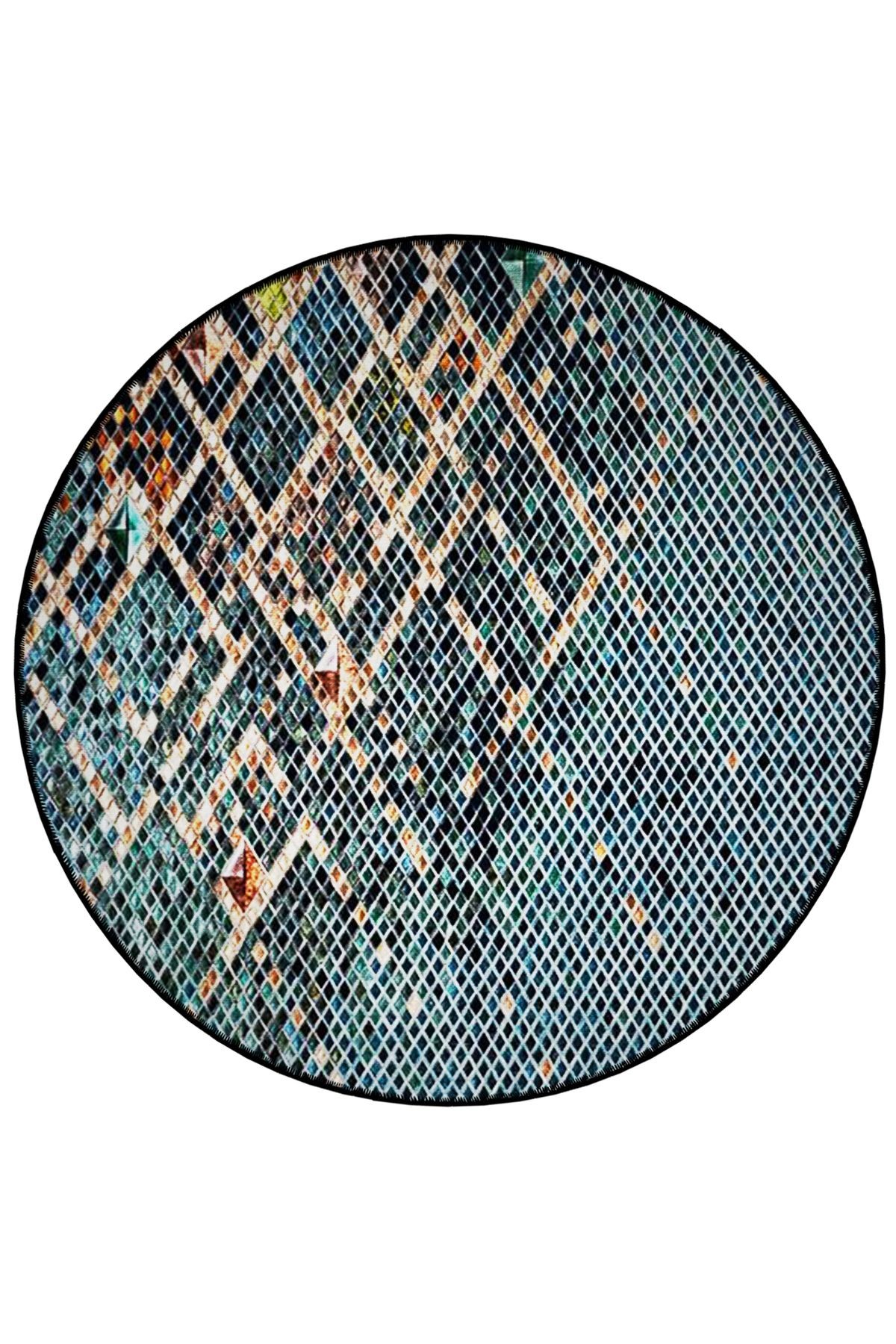 Mavi Tonlar Geometrik Desenli Yuvarlak Dokuma Taban Vintage Dekoratif Halı 6192