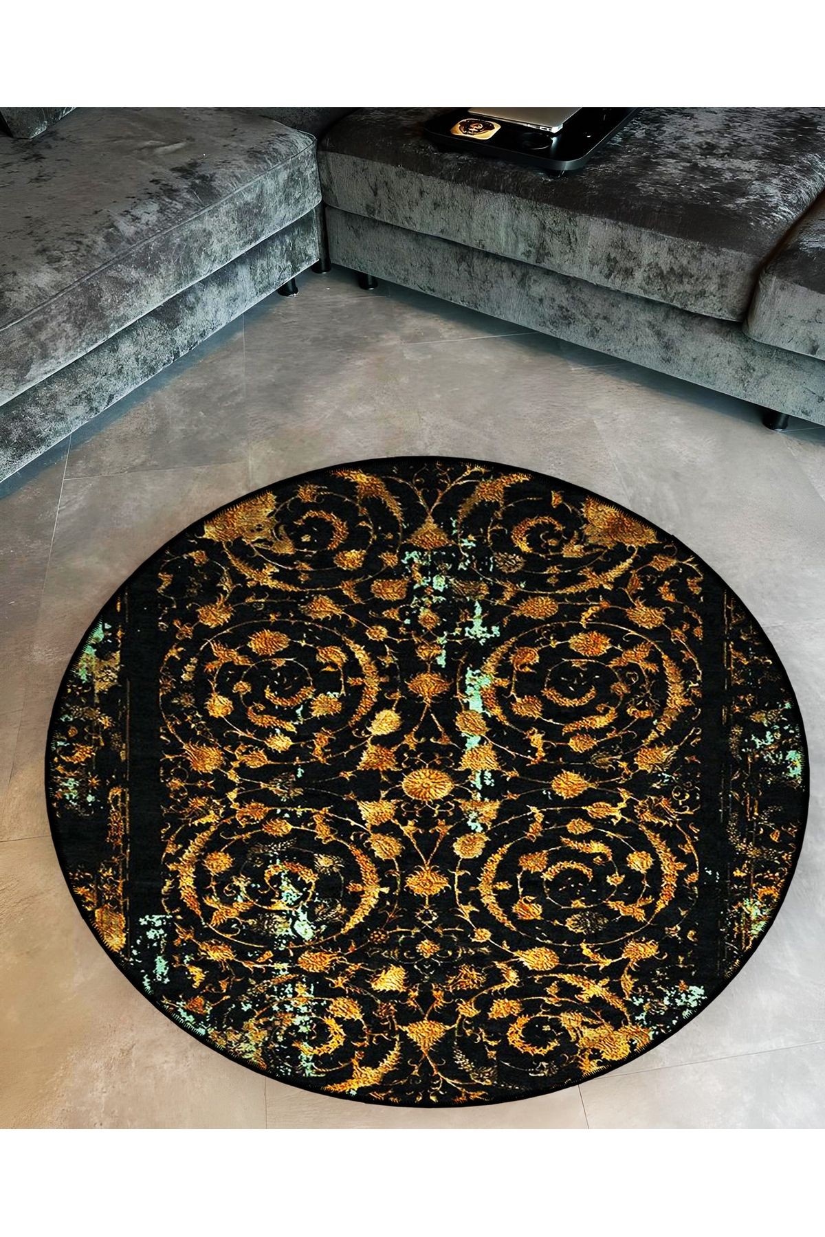 Siyah Tema Etnik Motifli Geleneksel Desenli Yuvarlak Dokuma Taban Vintage Dekoratif Halı 6164
