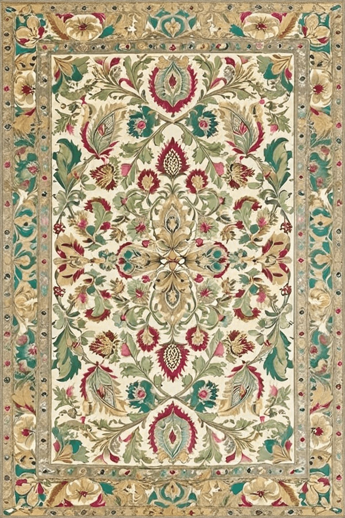 Paris Koleksiyonu Bej Yeşil Temalı Geleneksel Motif ve Çiçek Desenli Vintage Dekoratif Halı 116