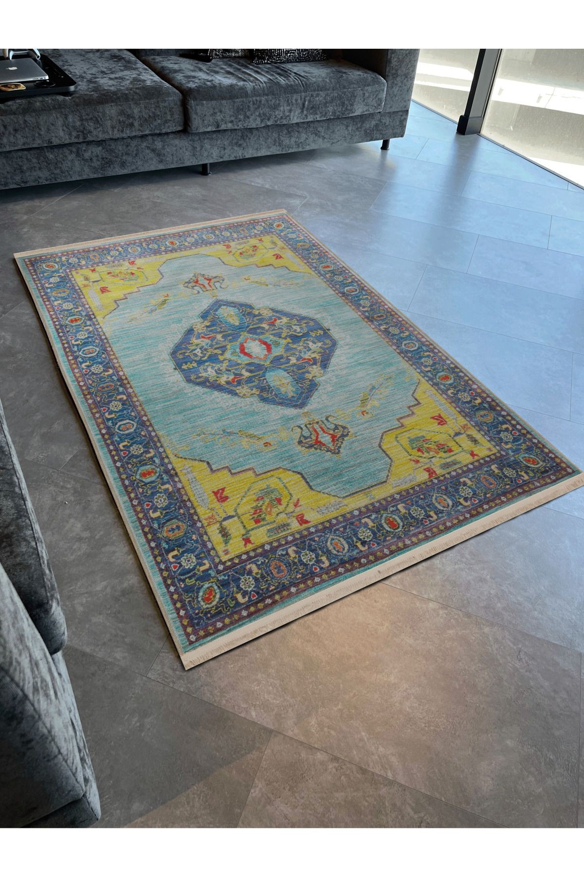 Mavi Sarı Temalı Geleneksel Motif Etnik Desenli Kreatif Vintage Dekoratif Halı 2778