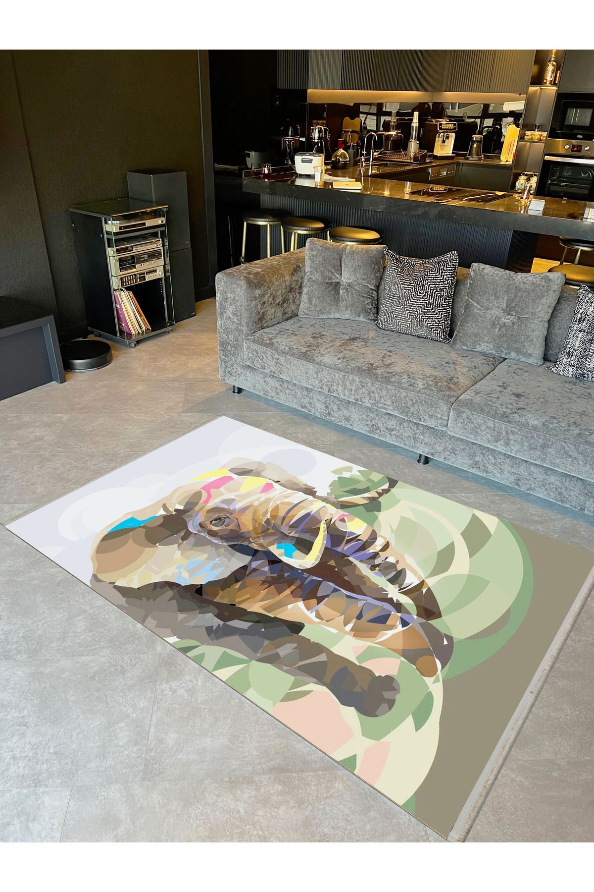 Atlas Koleksiyonu Pastel Tema Fil ve Orman Desenli Modern Dekoratif Halı 14