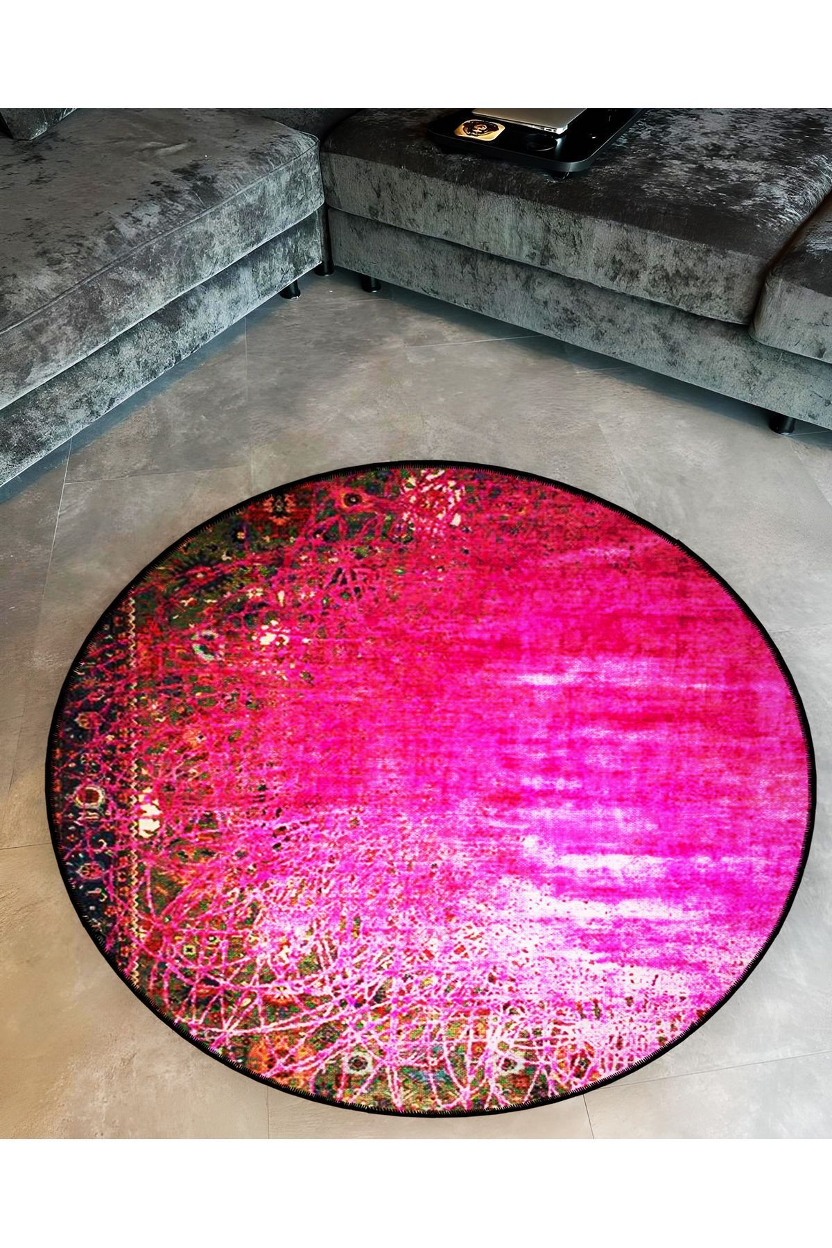 Mira Yuvarlak Antik Zeminde Pembe Çizgiler Detaylı Dokuma Taban Modern Dekoratif Halı 5698