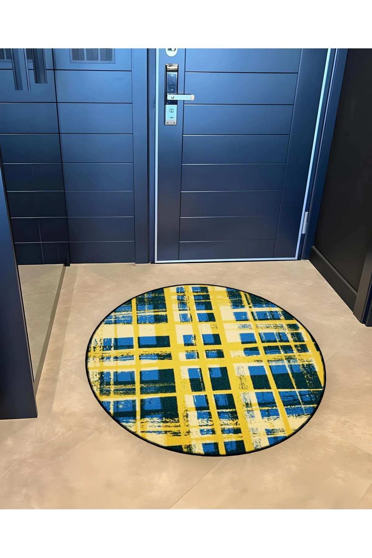 Mira Yuvarlak Sarı Lacivert Ekose Detaylı Dokuma Taban Modern Dekoratif Halı mirayuvarlak5540