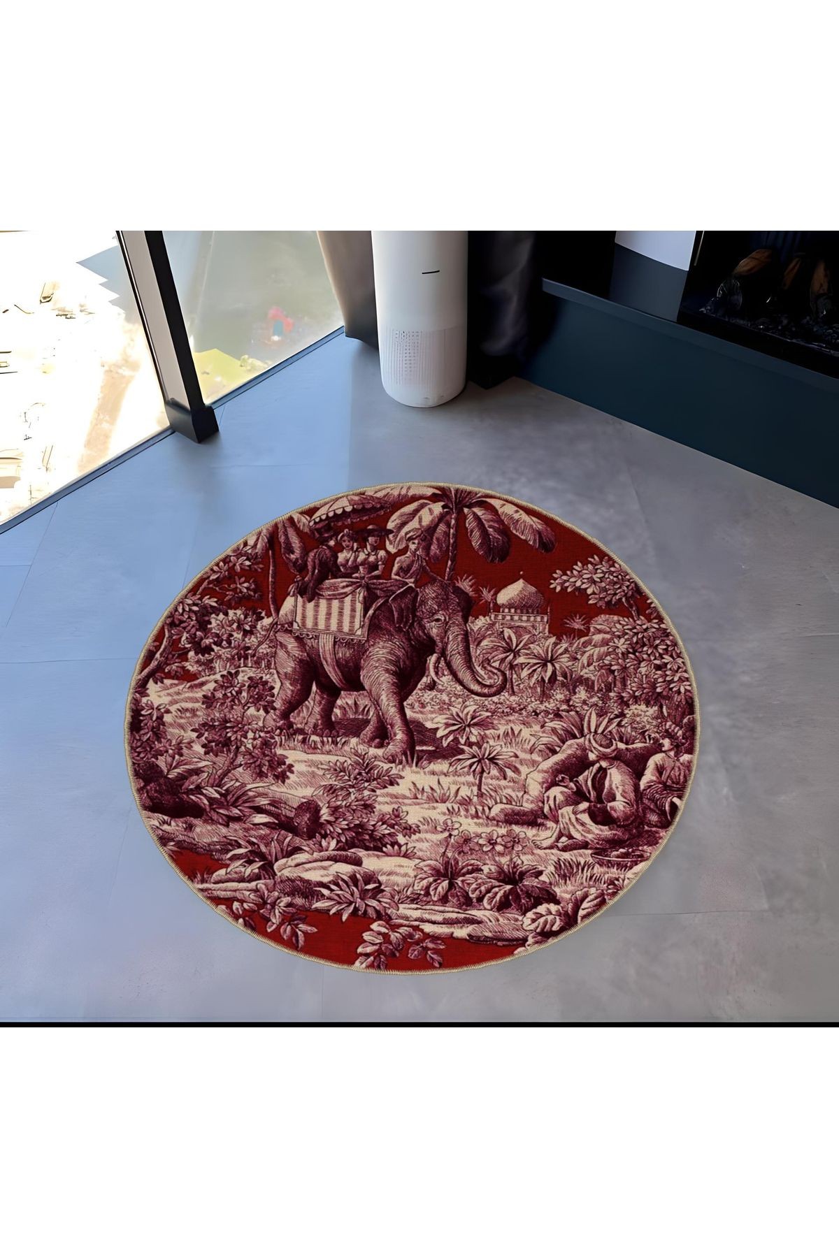 Bordo Ton Eski Çağ Tema Fil ve İnsanlar Desenli Yuvarlak Dokuma Taban Modern Dekoratif Halı 6025