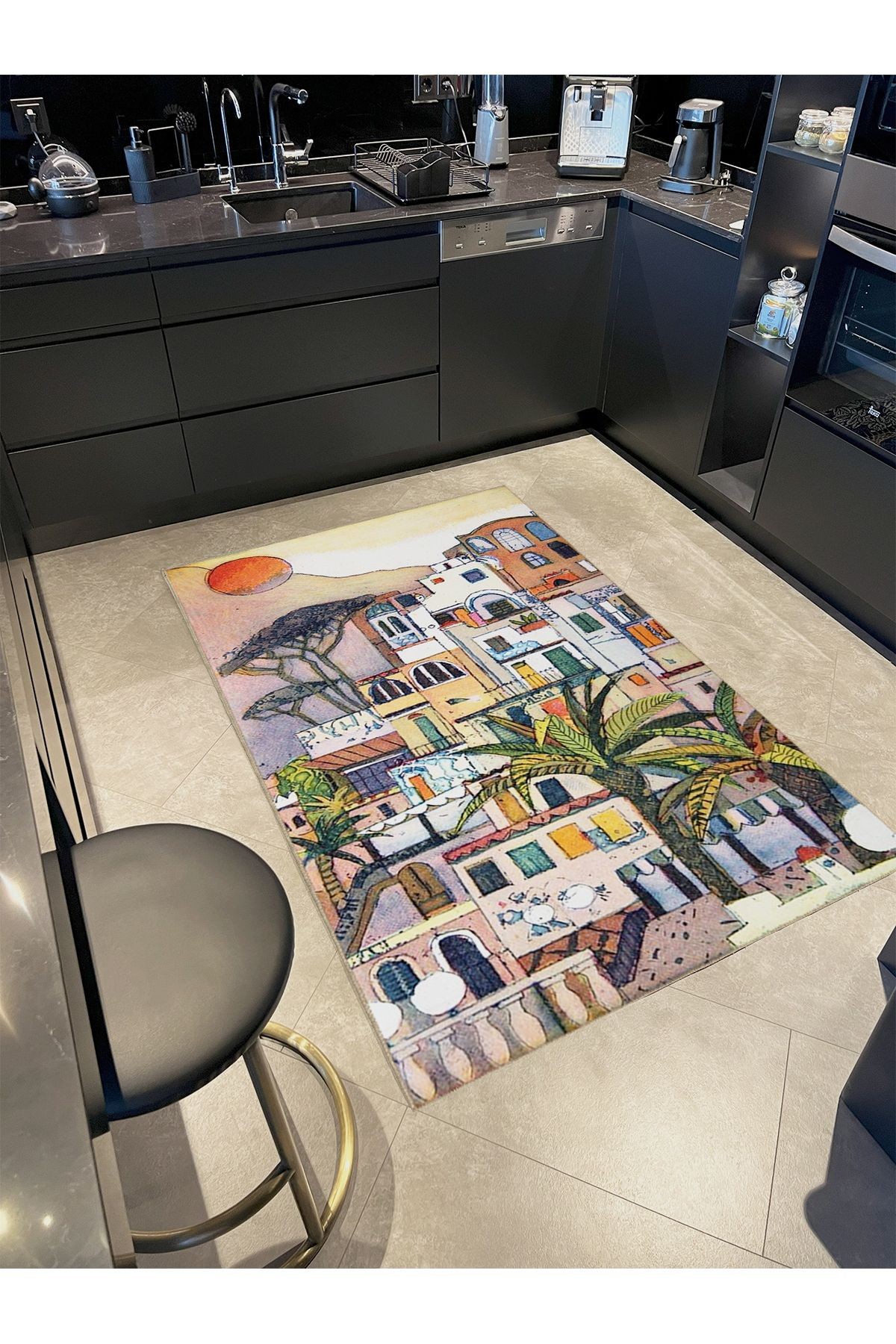 Seda Koleksiyonu Çok Renkli Evler ve Doğa Desenli Dokuma Taban Modern Dekoratif Halı seda40
