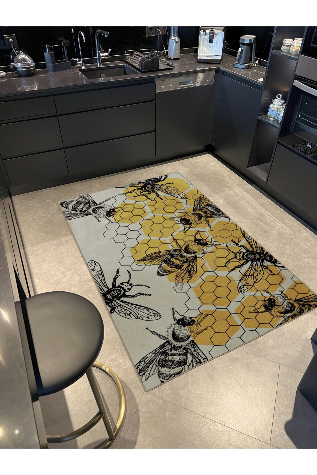 Sarı Bej Temalı Kovan ve Arı Desenli Kreatif Modern Dekoratif Halı 2518
