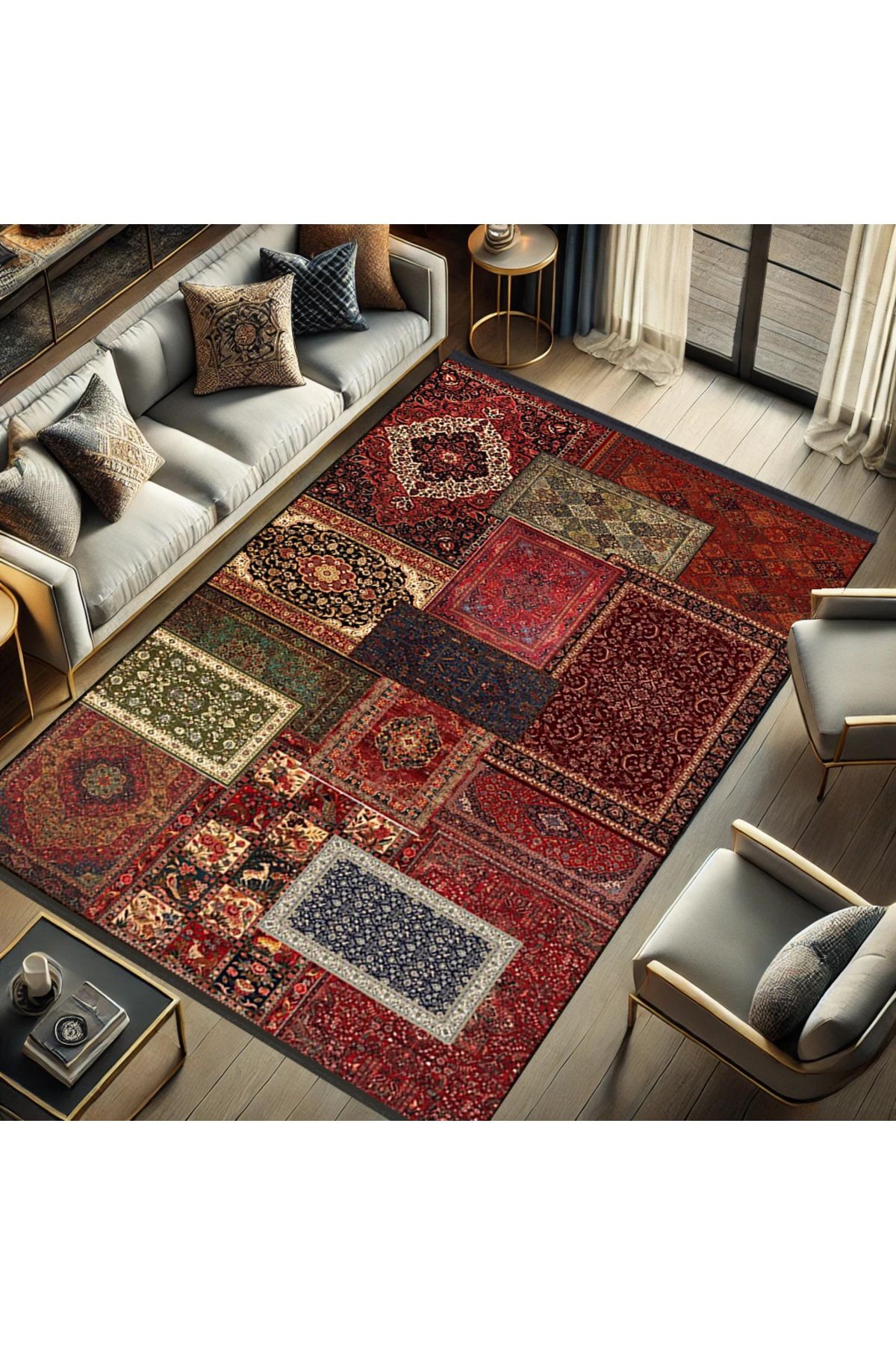 Kuvars Koleksiyonu Çok Renkli Vintage Motifler Desenli Dokuma Taban Etnik Dekoratif Halı kuvars32