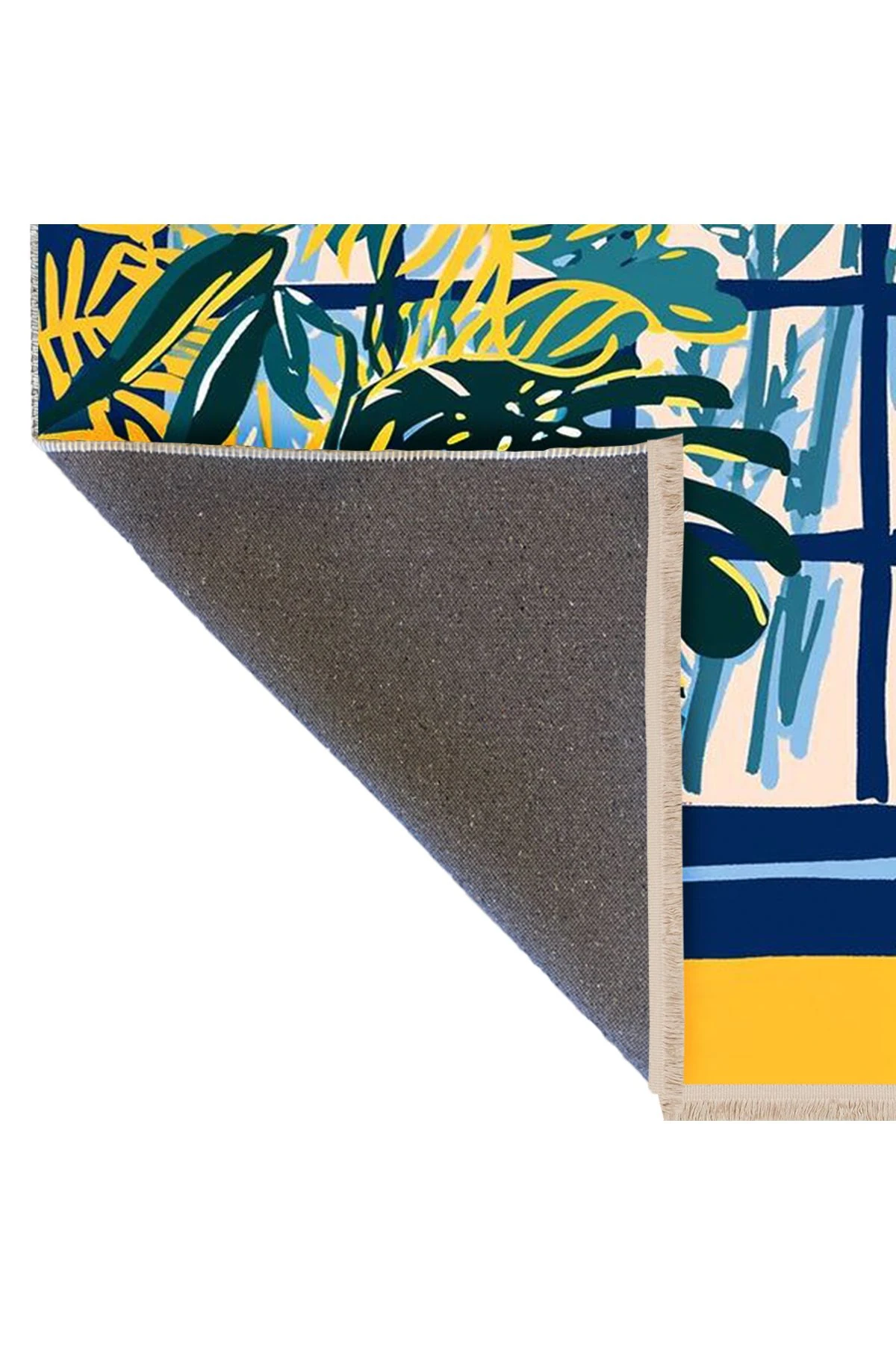 Yılmaz Koleksiyonu Sarı Lacivert Temalı Pencere ve Saksı Desenli Kreatif Modern Dekoratif Halı 25