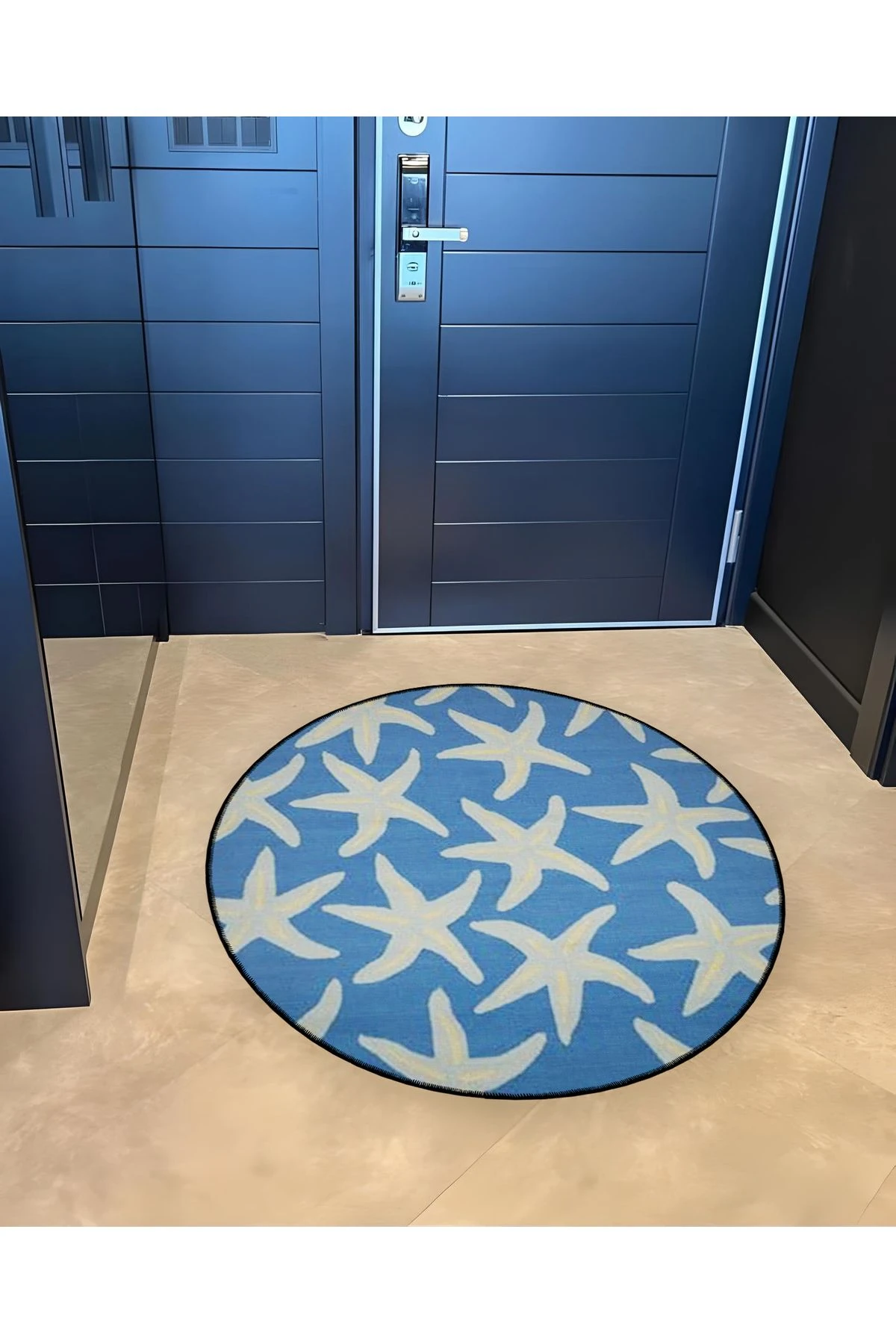 Mira Yuvarlak Mavi Deniz Yıldızı Detaylı Dokuma Taban Modern Dekoratif Halı 5545