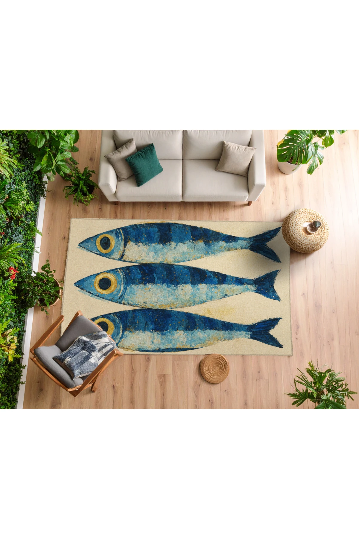 MOSSO Çok Renkli Balık Figürü Desenli Dokuma Taban Modern Dekoratif Halı mosso337