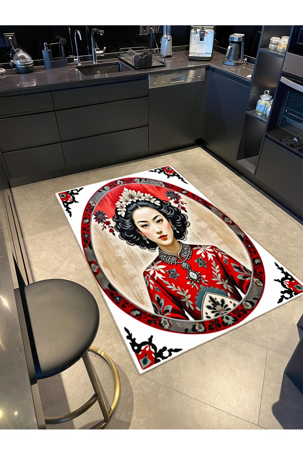 Modern Kırmızı Daire İçinde Kadın Dekoratif Halı ve Yıkanabilir Halı miravip9605