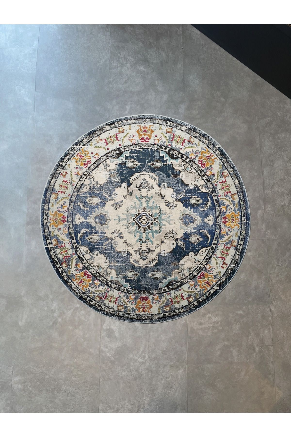 Lacivert Ton Çok Renkli Geleneksel Motif Desenli Vintage Dokuma Taban Yuvarlak Dekoratif Halı 2099