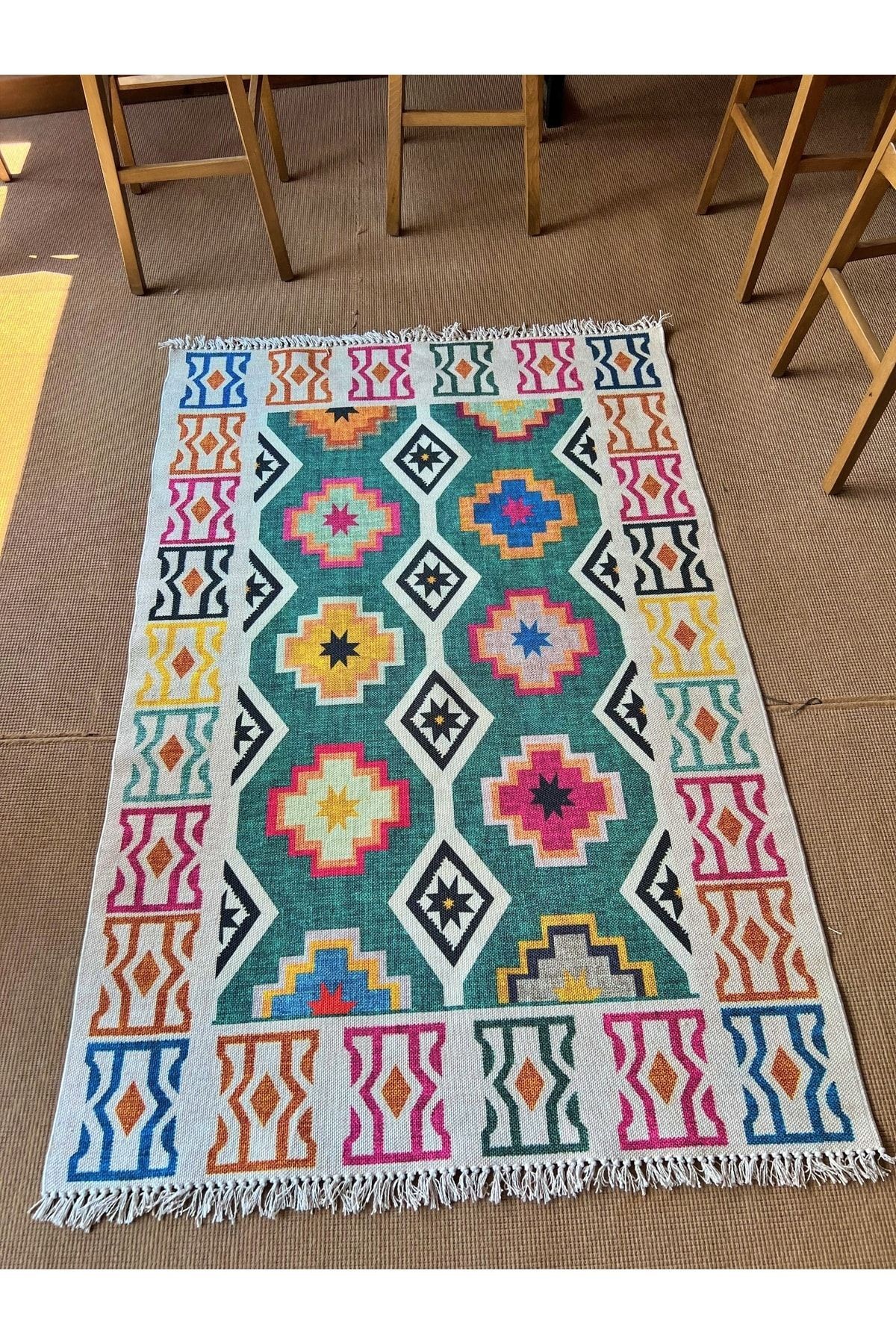Cotton 554 Etnik Desenli Dokuma Taban Yeşil Çok Renkli Kilim