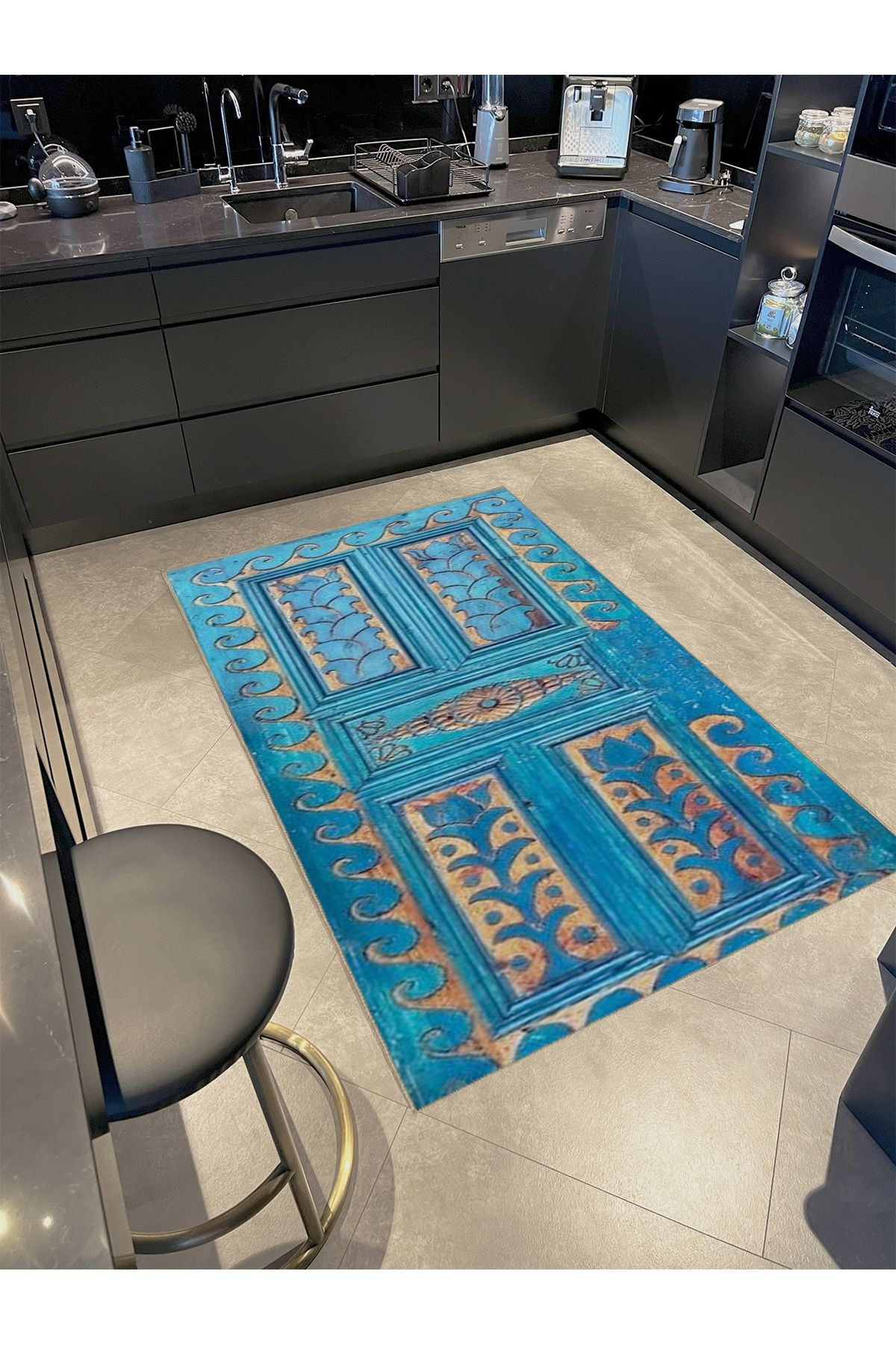 Seda Koleksiyonu Turkuaz Antik Desenli Dokuma Taban Modern Dekoratif Halı seda01