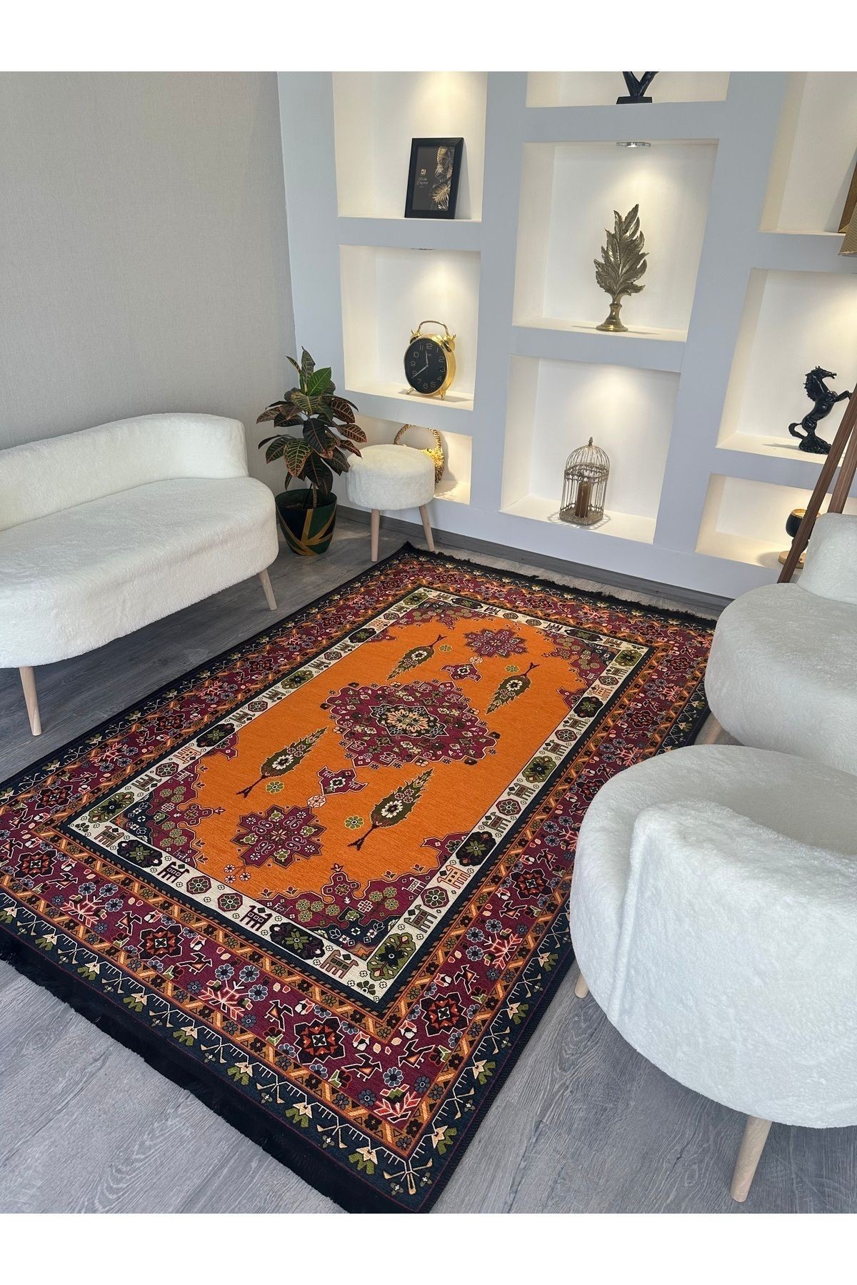 Opal Turuncu Antik Desenli Dokuma Taban Modern Dekoratif Halı opal10