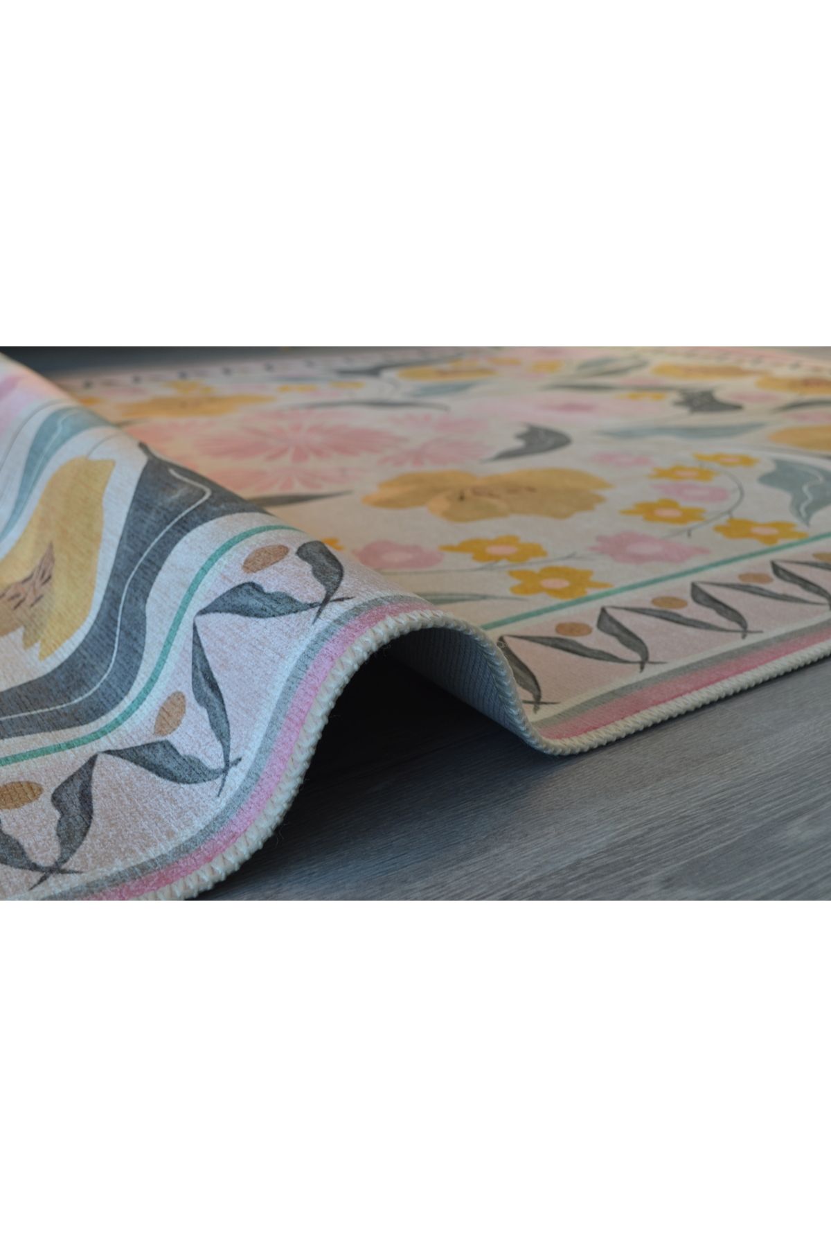 Aynur Koleksiyonu Pastel Tonlarda Pembe Çiçekler Detaylı Dokuma Taban Modern Dekoratif Halı aynur36