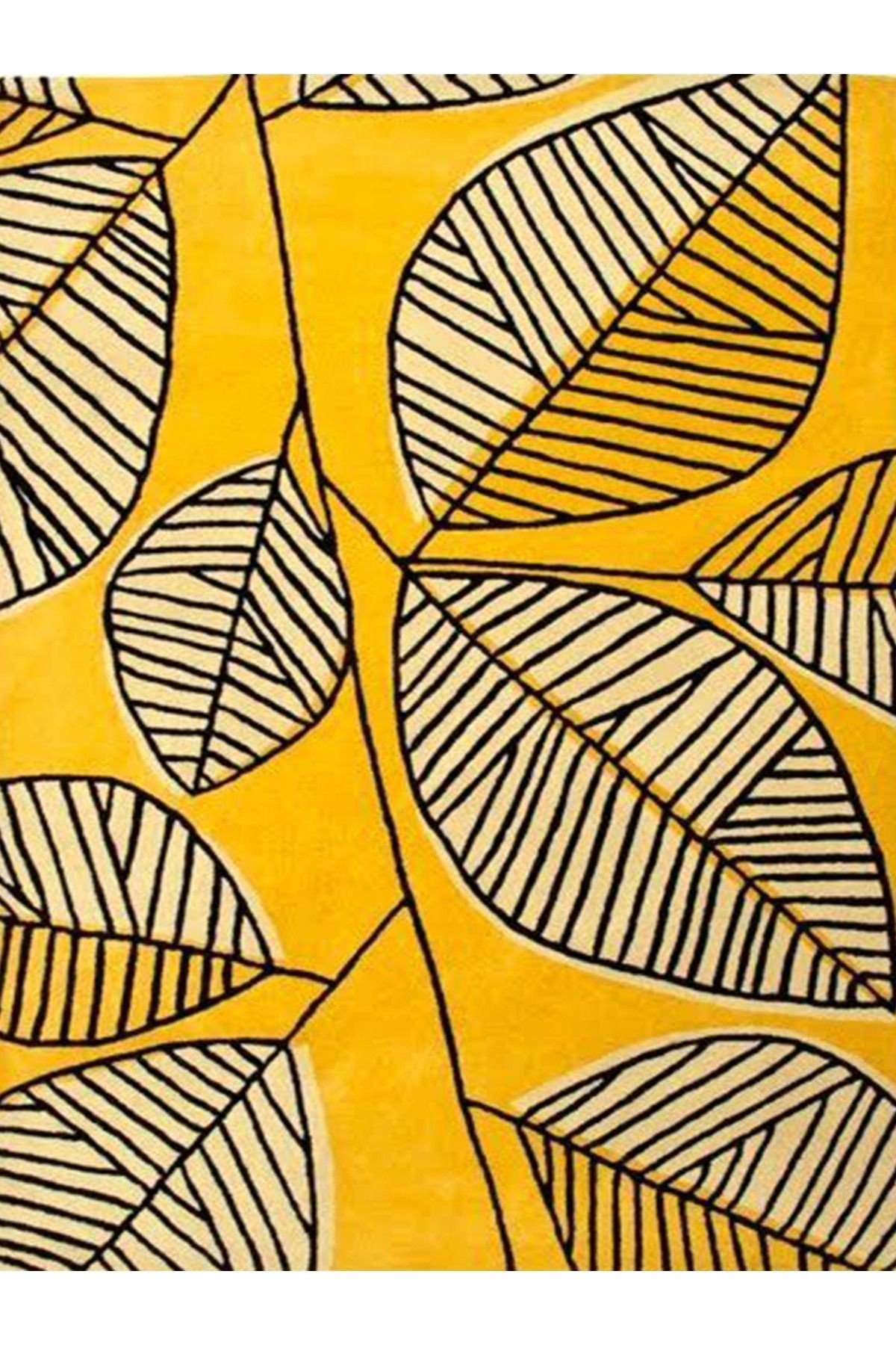 Kubilay Koleksiyonu Sarı Temalı Soyut Yaprak Desenli Dokuma Taban Modern Dekoratif Halı 08