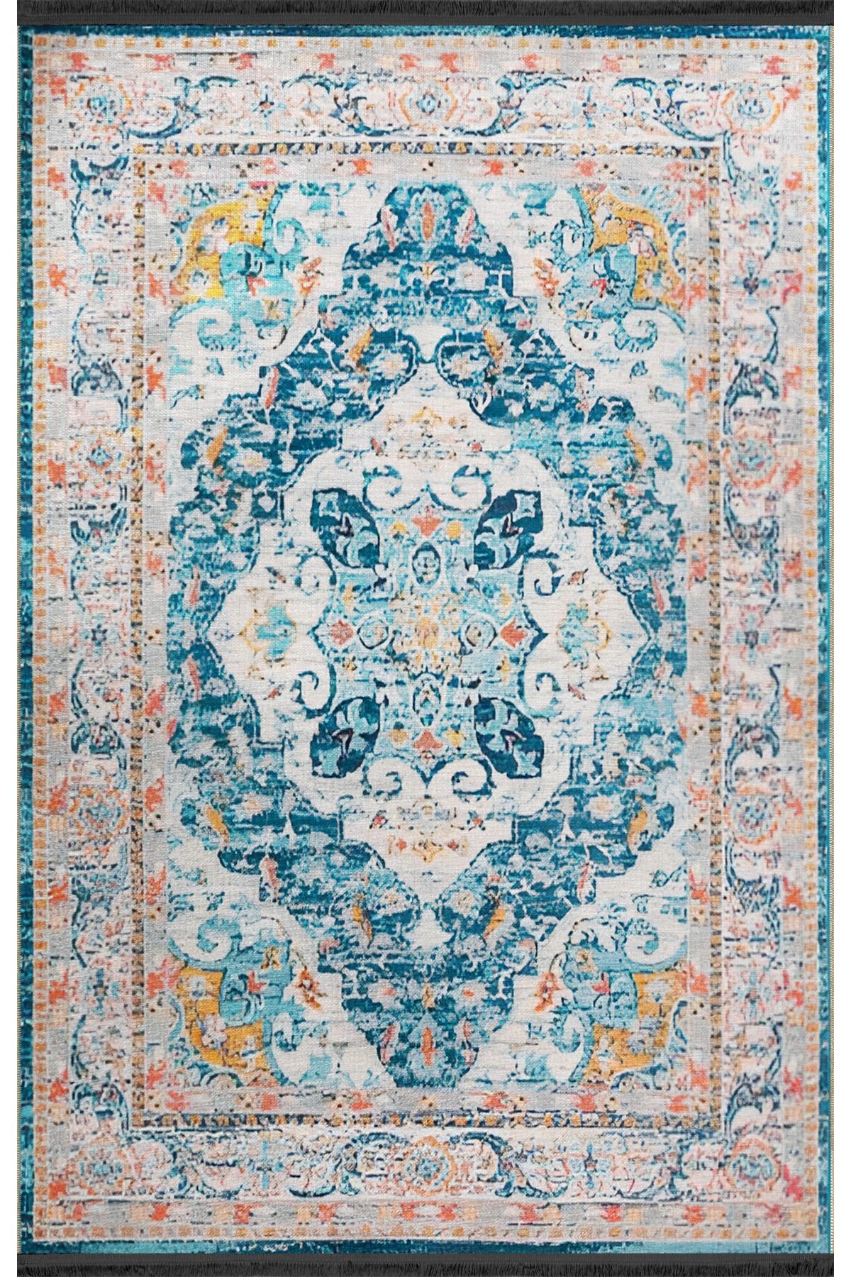Turuncu Mavi Temalı Geleneksel Motif Etnik Desenli Vintage Dekoratif Halı 2023
