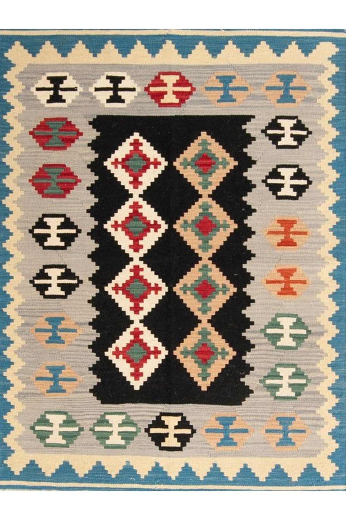 Aysu Koleksiyonu Mavi Bej Etnik Desenli Dokuma Taban Modern Dekoratif Halı aysu32