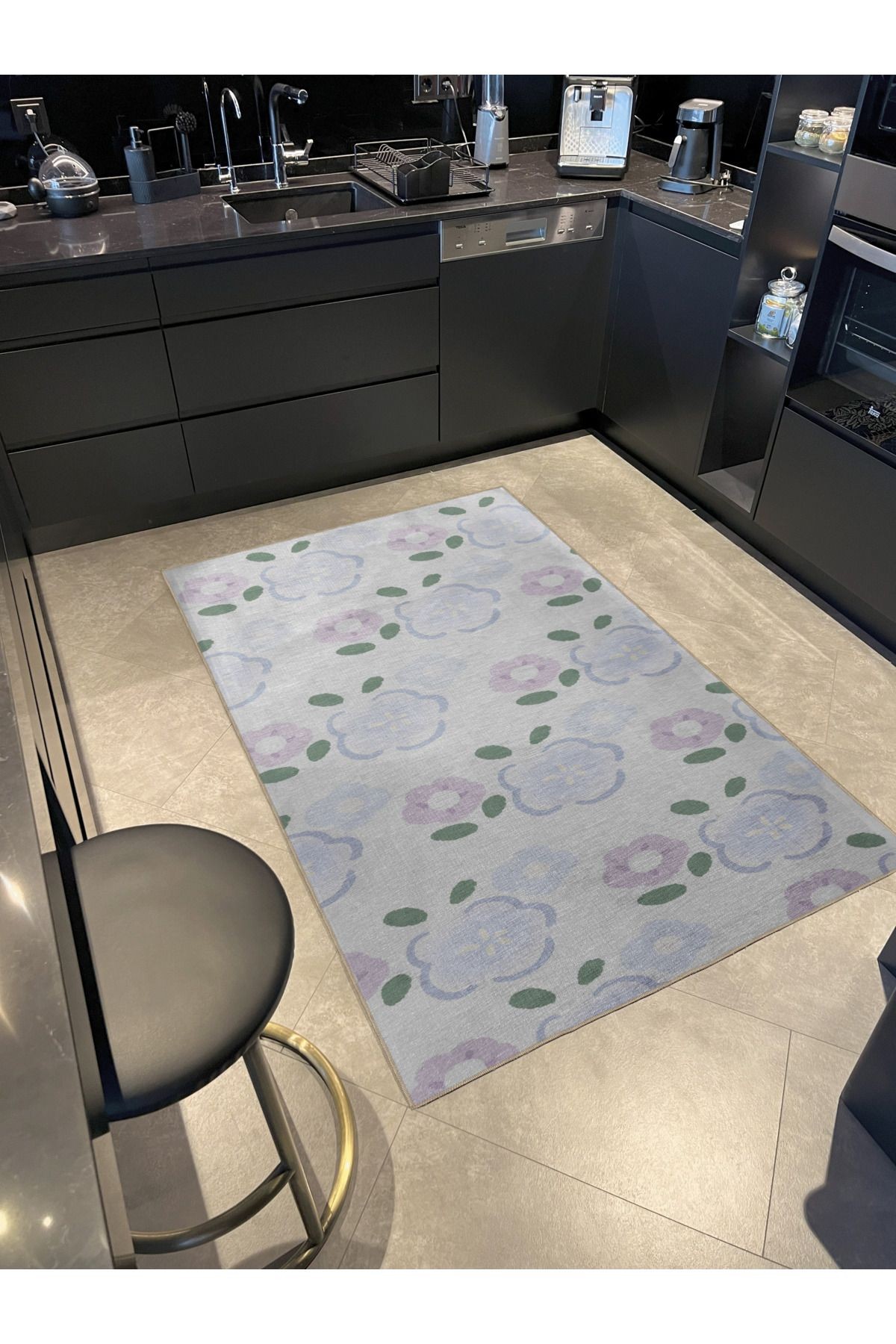 Mavi Pudra Tema Çiçek Gül Desenli Kreatif Modern Dekoratif Halı 3014