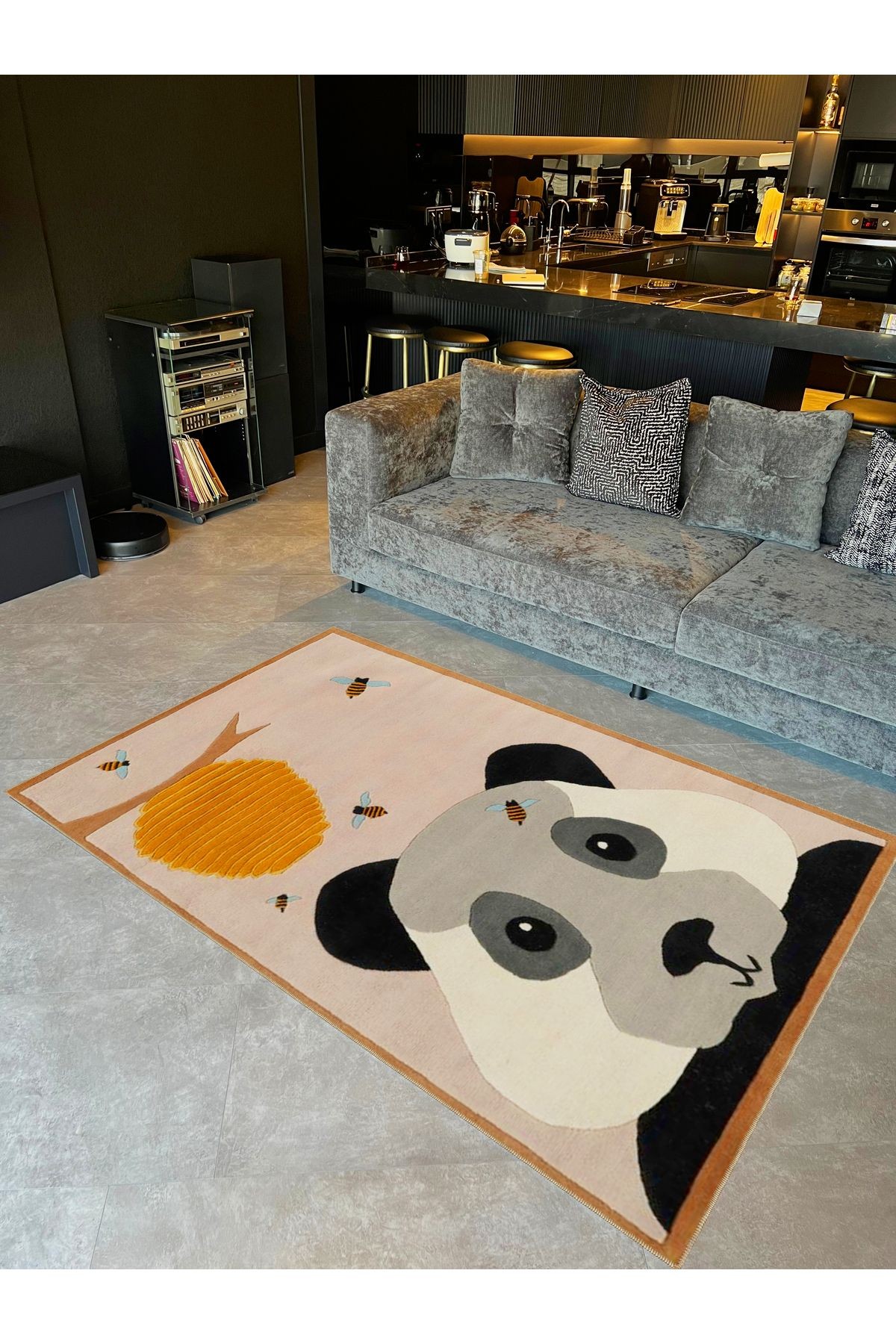 Seda Koleksiyonu Sevimli Panda ve Arılar Desenli Dokuma Taban Modern Dekoratif Halı seda44