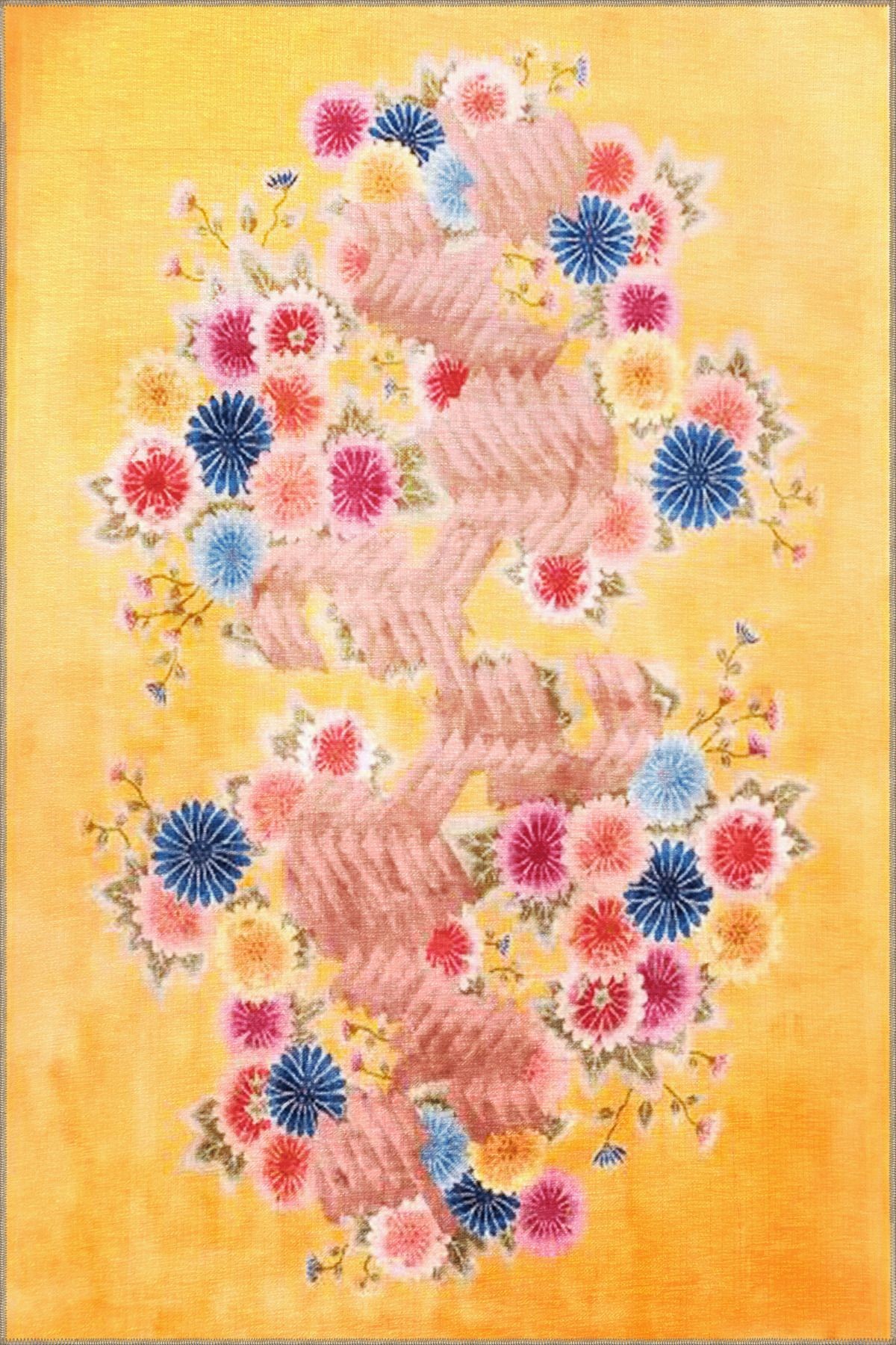 Sarı Temalı Çok Renkli Floral Çiçek Desenli Modern Dekoratif Halı 3493