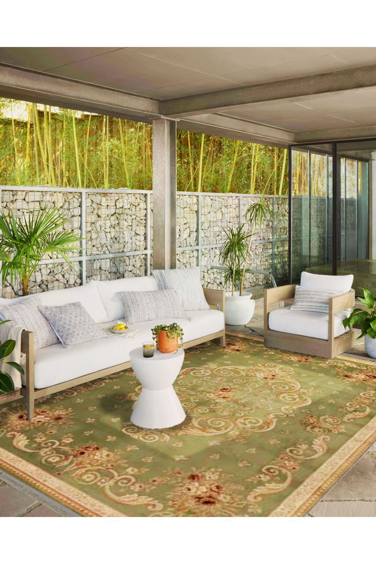 İnci Koleksiyonu Yeşil ve Bej Tema Etnik Motif Desenli Dokuma Taban Vintage Dekoratif Halı inci27